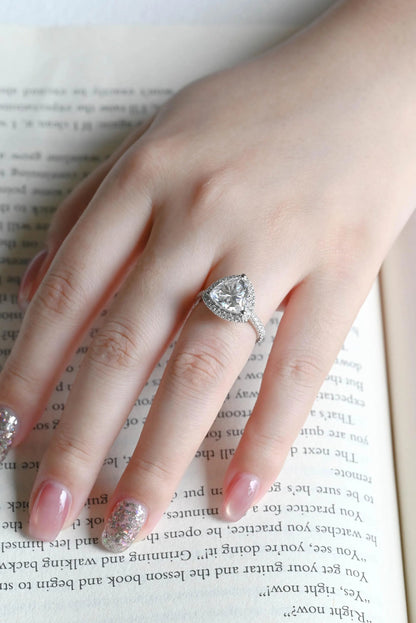 Trilliant Cut Moissanite Engagement Ring, Halo Pave Cathedral Trilliant Cut Wedding Ring