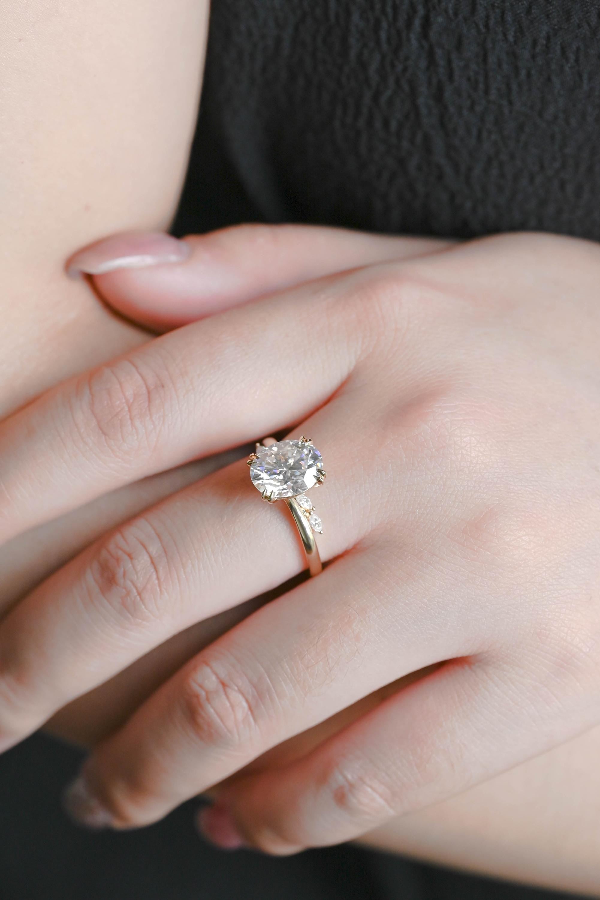 Solid Gold Oval Cut Moissanite Engagement Ring, ByPass Proposal Ring