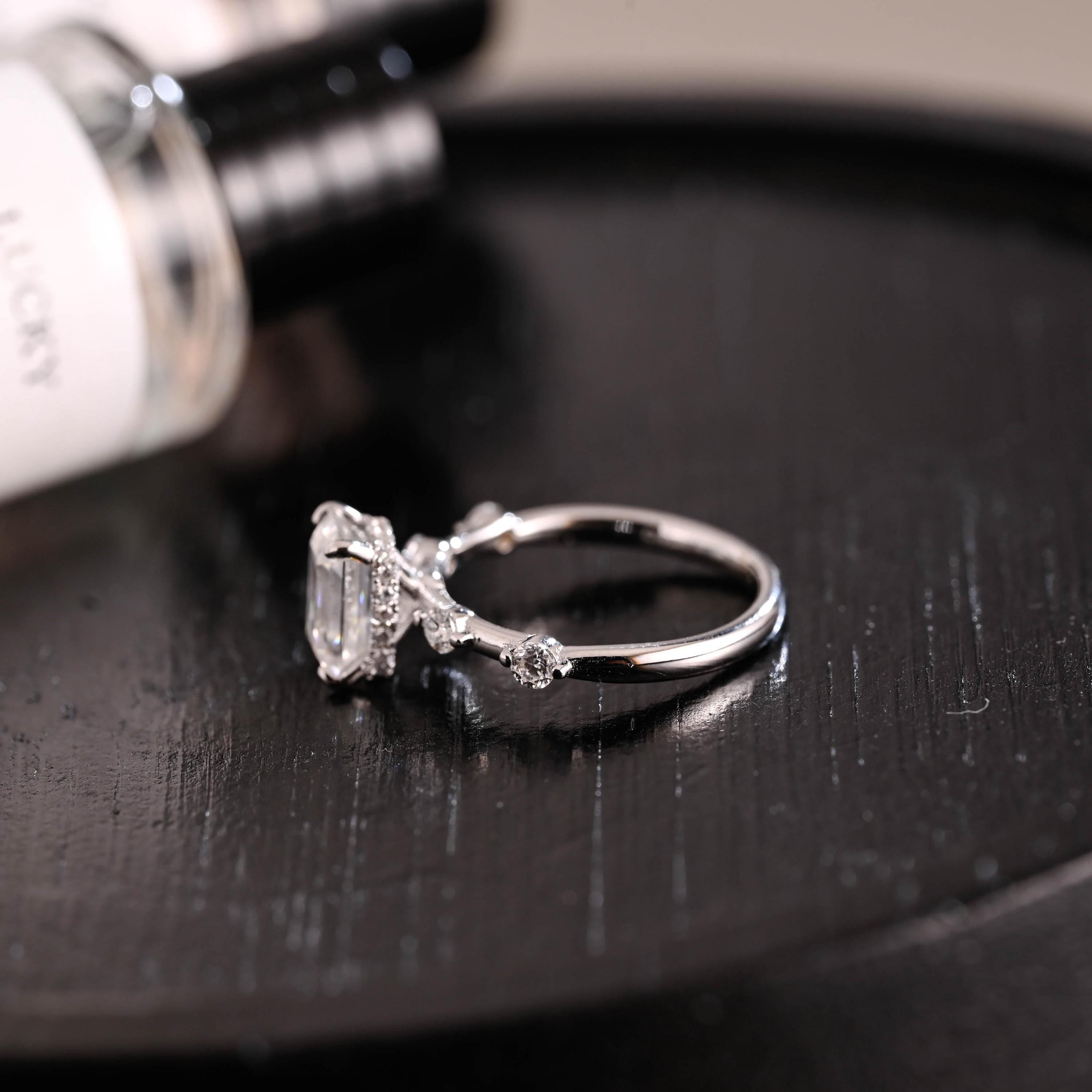 Solid Gold Hidden Halo Emerald Cut Moissanite Engagement Ring, Proposal Ring, Promise Ring, Wedding Ring, Anniversary Gift for Women Wife