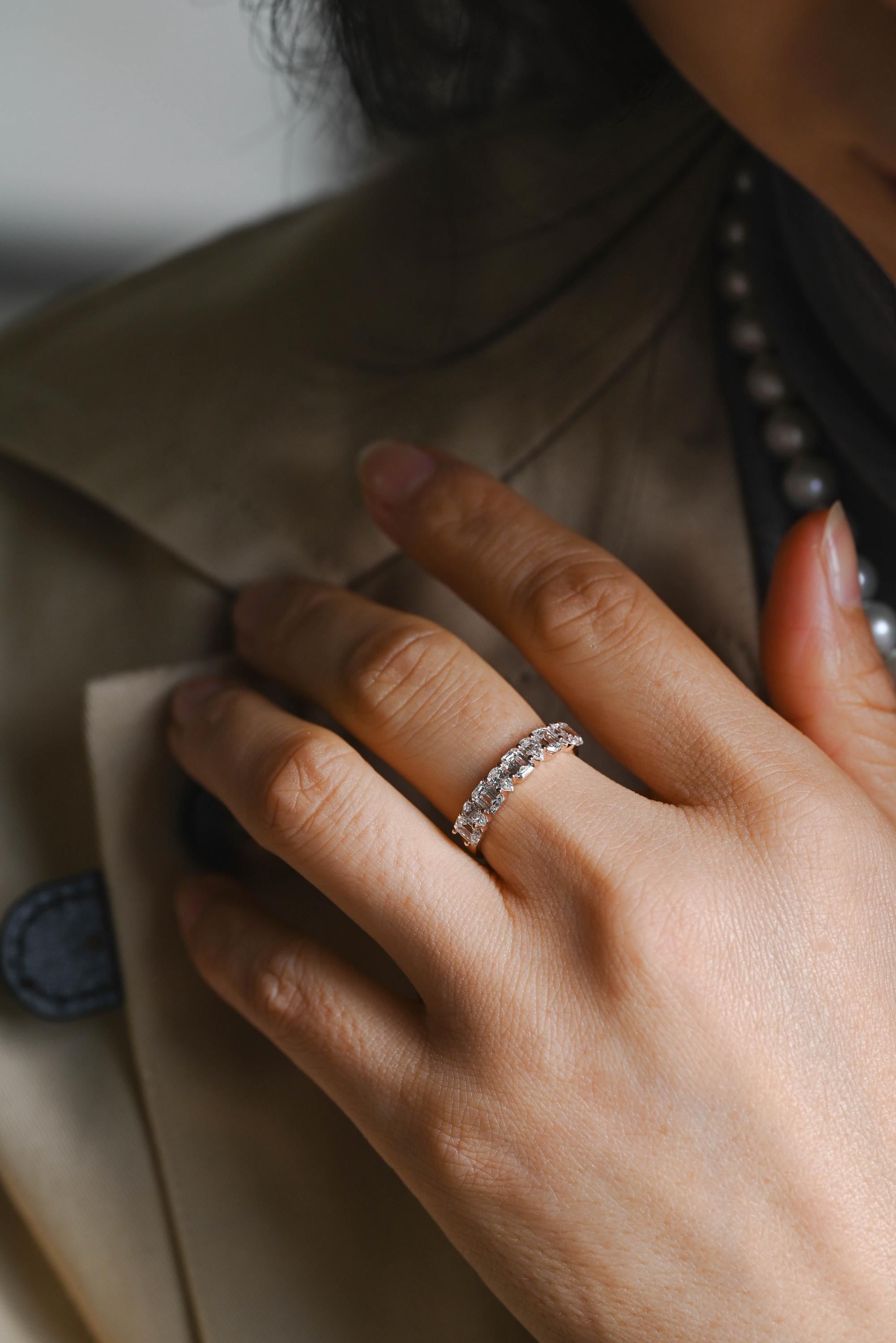 Solid Gold Pear & Emerald Cut Moissanite Wedding Band, 2.2mm