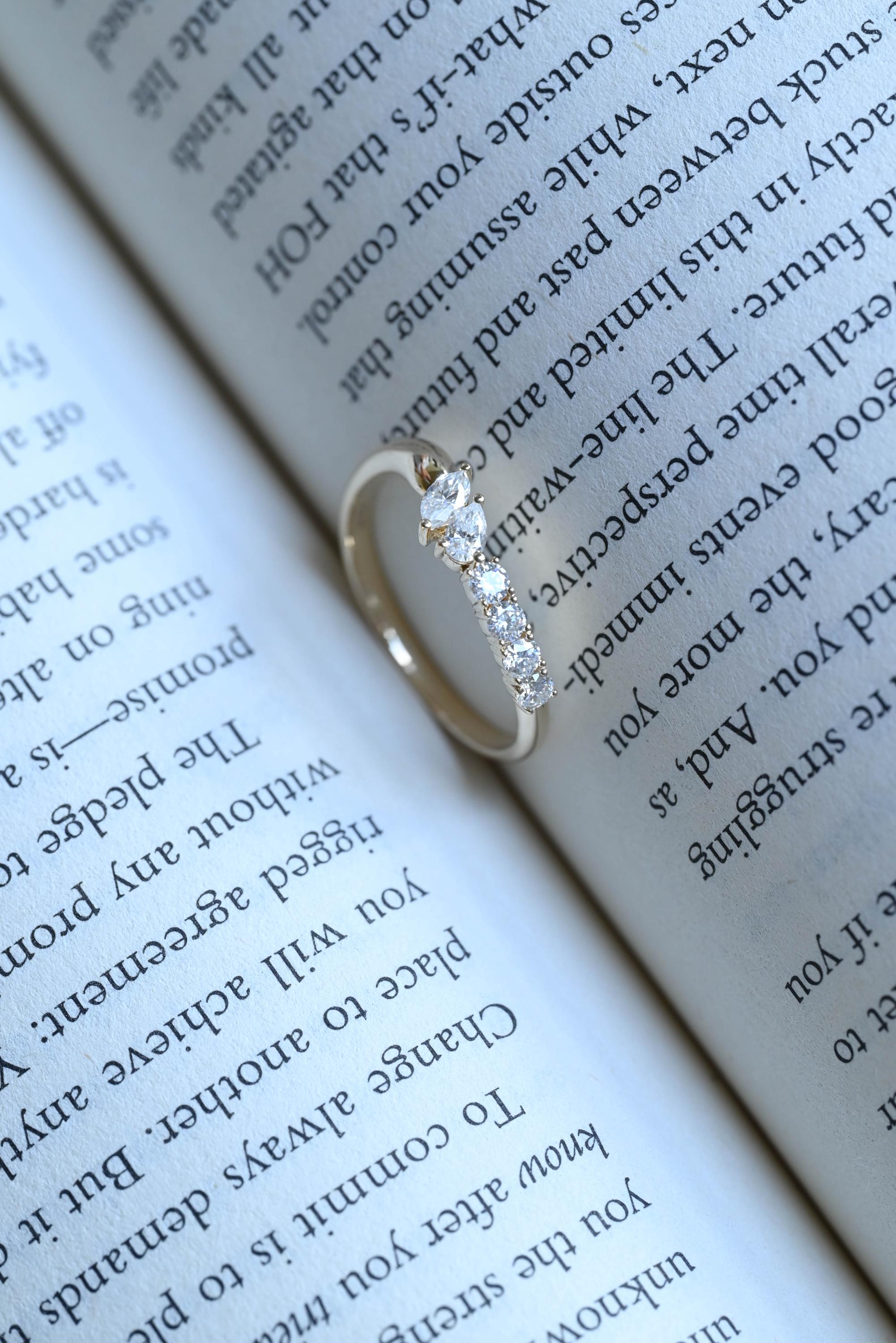 Solid Gold Marquise Pear Cut Moissanite Wedding Band, Matching Ring