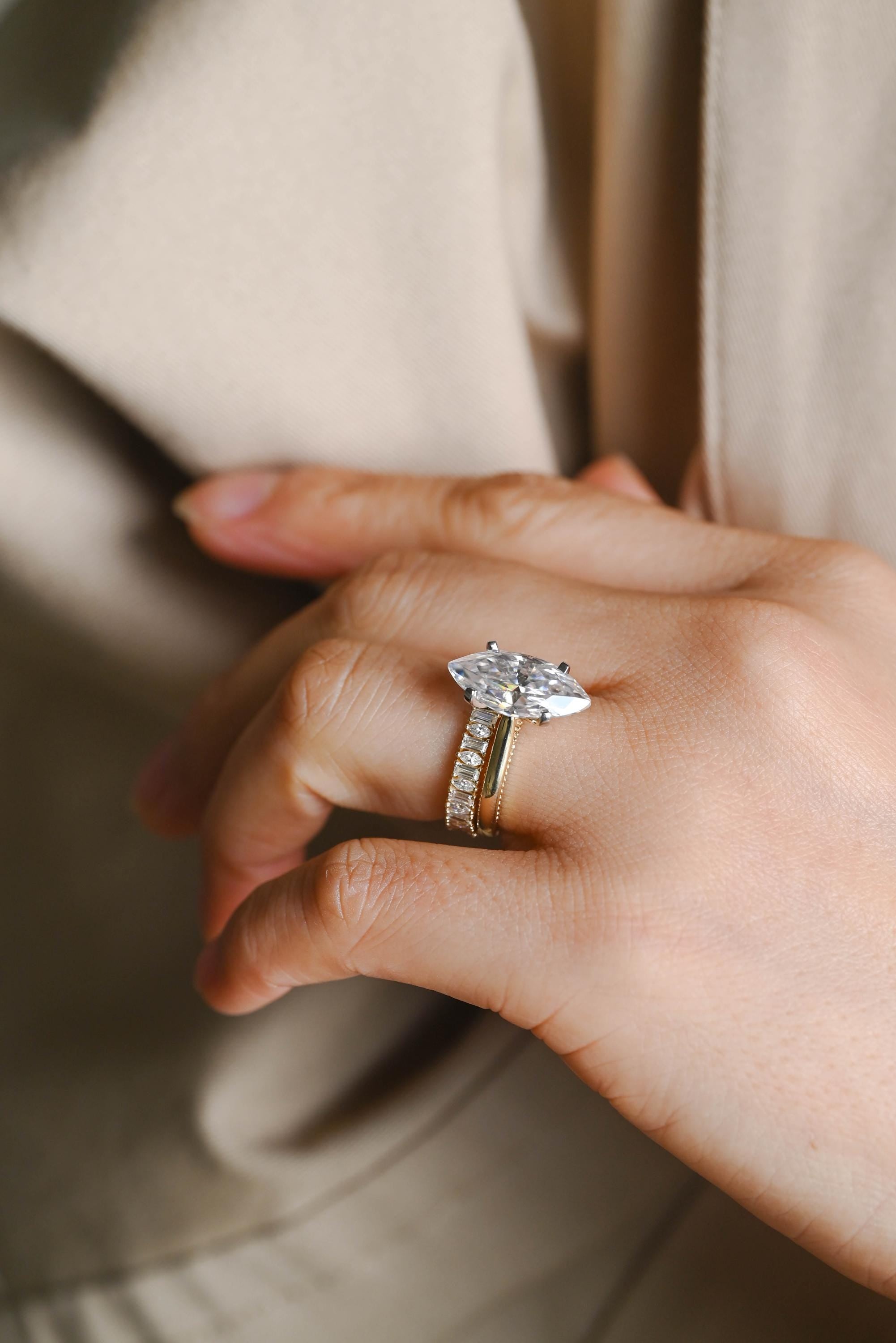 Beaded Marquise Moissanite Solid Gold Engagement Ring, Vintage Style Ring
