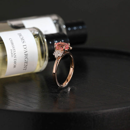 Solid Gold Oval Lab Grown Pink Sapphire Engagement Ring, Three Stone Proposal Ring