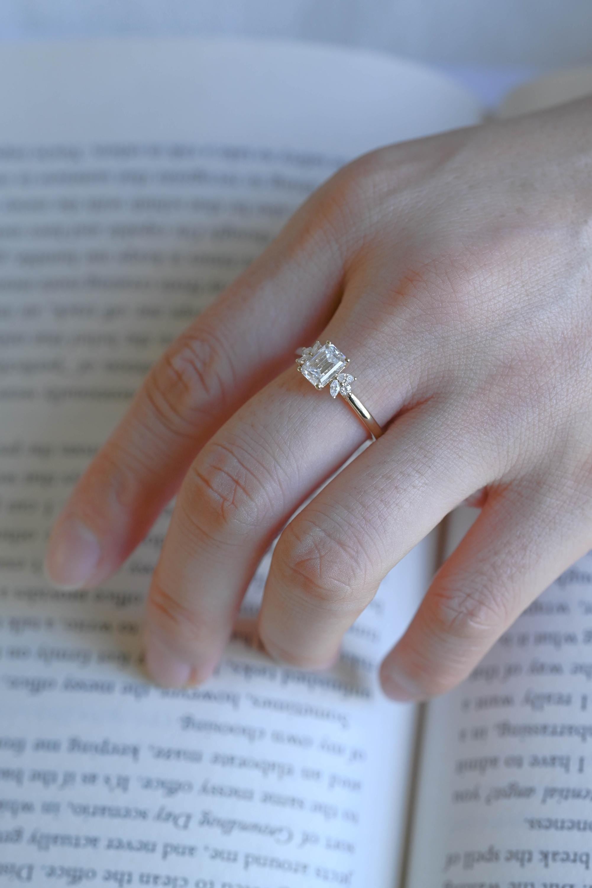 Solid Gold Emerald Cut Moissanite Engagement Ring, Proposal Ring, Promise Ring, Wedding Ring, Anniversary Gift Birthday Gift for Women