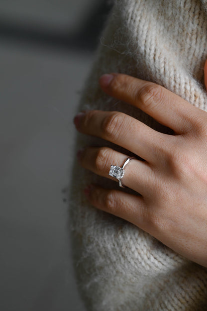Solid Gold Hidden Halo Emerald Cut Moissanite Engagement Ring, Proposal Ring, Promise Ring, Wedding Ring, Anniversary Gift for Women Wife