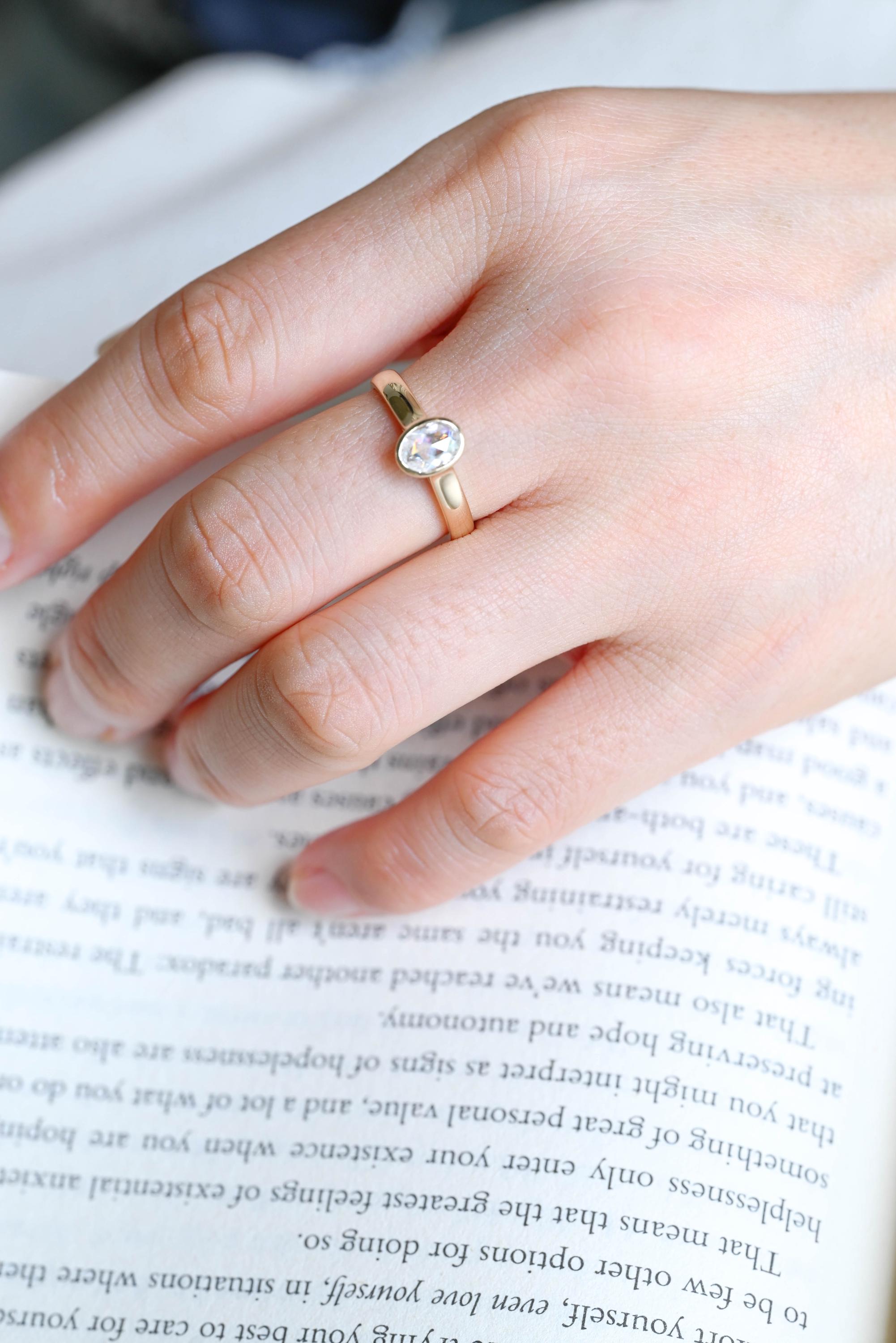 Solid Gold 3mm Rose Cut Oval Moissanite Engagement Ring, Anniversary Gift for Women