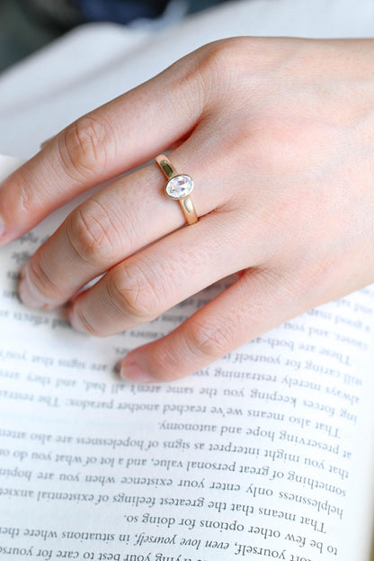 Solid Gold 3mm Rose Cut Oval Moissanite Engagement Ring, Anniversary Gift for Women