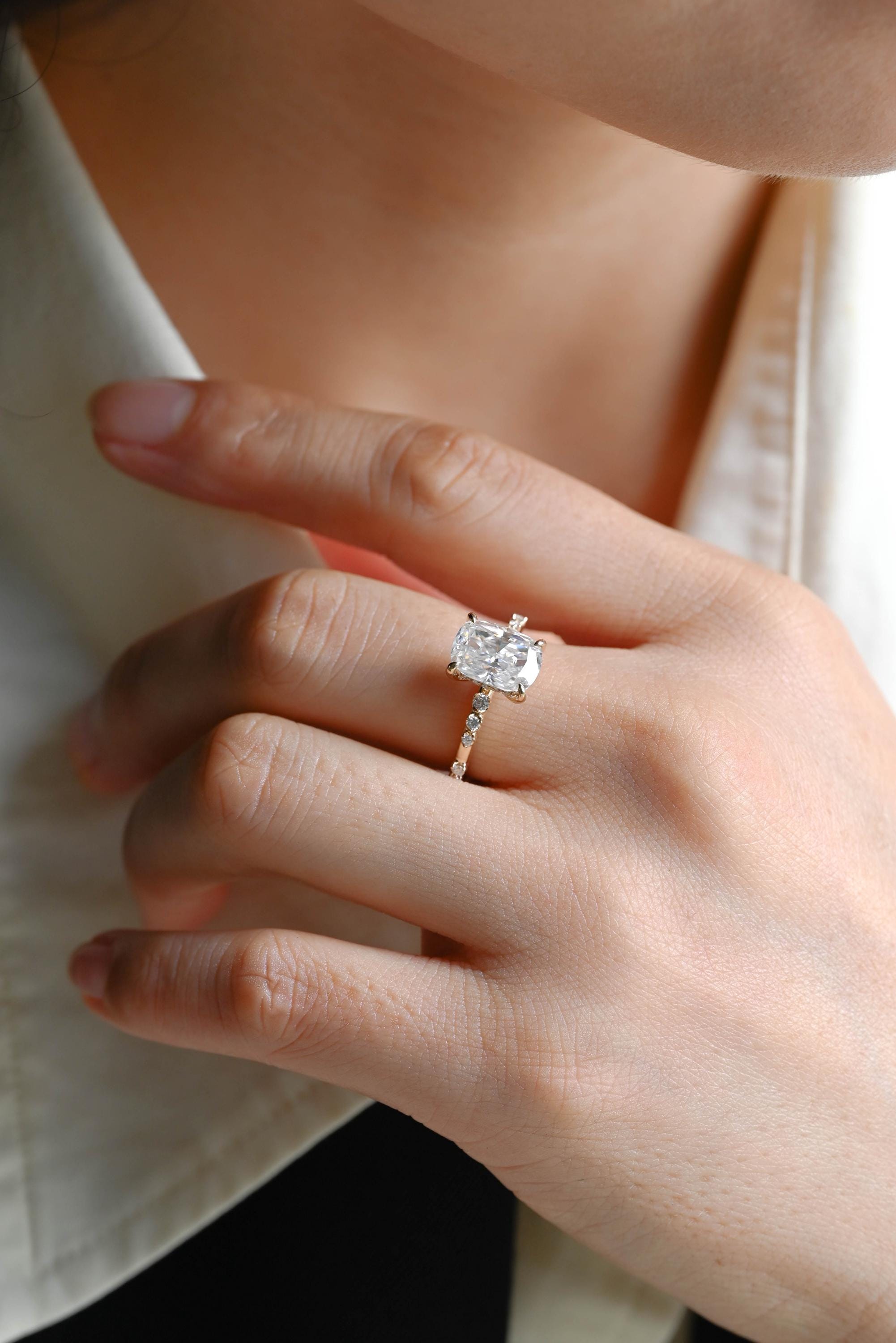 Solid Gold Elongated Cushion Cut Moissanite Engagement Ring, Proposal Ring, Round Cut Promise Ring, Anniversary Gift Birthday Gift for Women