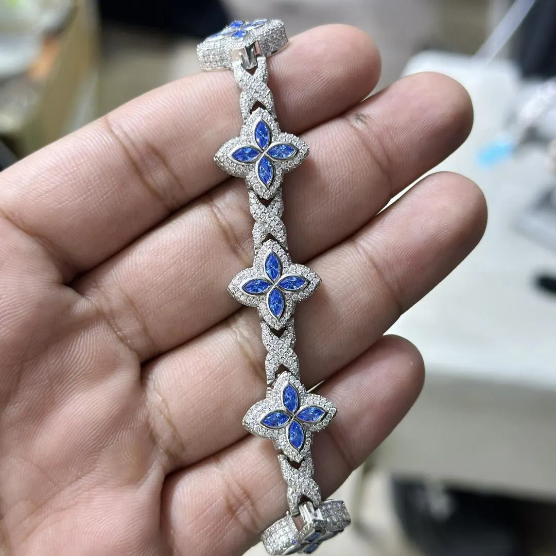 Iced Out Clover Bracelet: VVS Moissanite Diamond, Sterling Silver Link