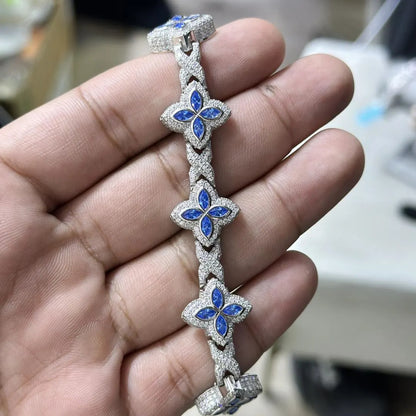 Iced Out Clover Bracelet: VVS Moissanite Diamond, Sterling Silver Link
