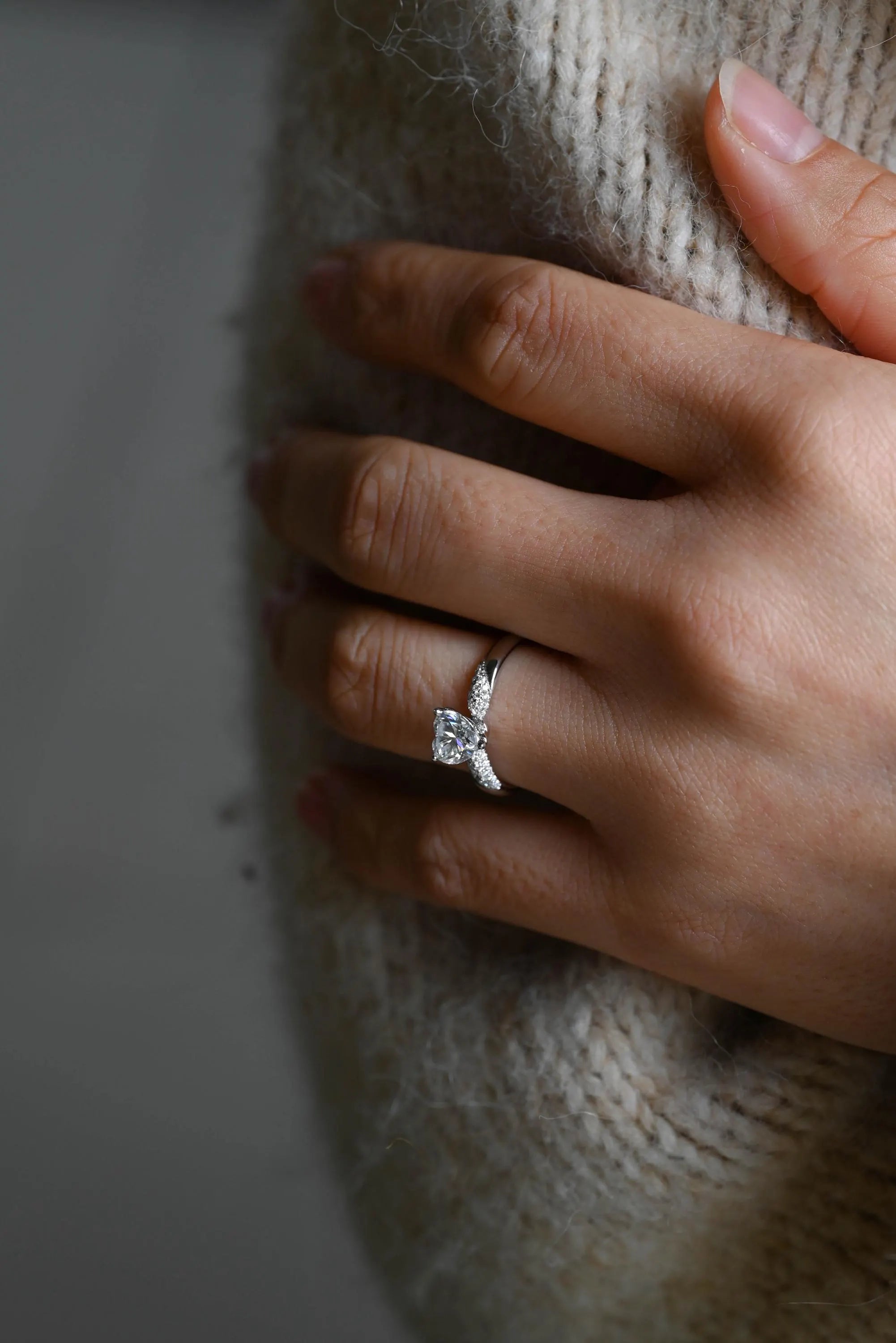 Solid Gold Heart Cut Moissanite Engagement Ring, Pave BandWedding Ring
