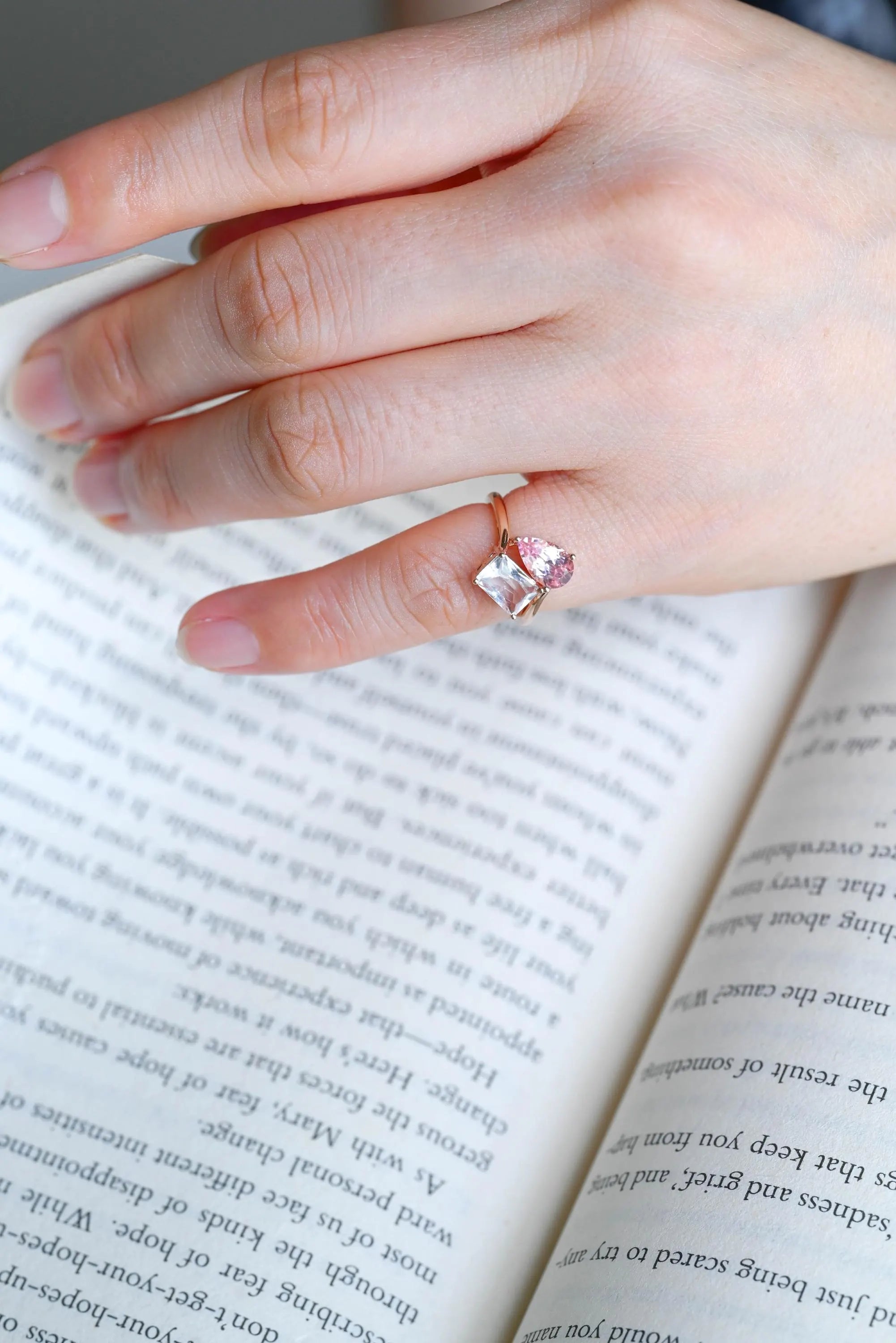 Solid Gold Toi et Moi Lab Grown Pink Sapphire & Emerald Cut Two Stone Moissanite Engagement Ring