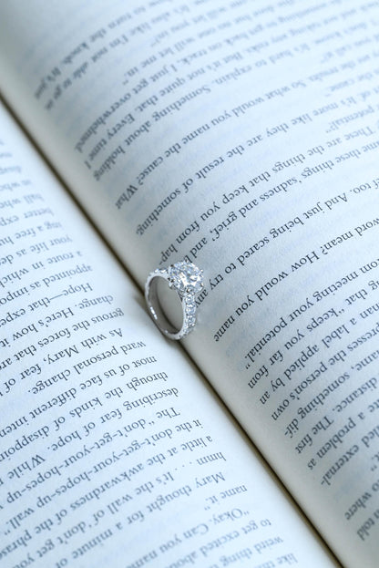 3.5mm Wide Solid Gold Round Cut Moissanite Engagement Ring, Side Stone Setting Wedding Ring
