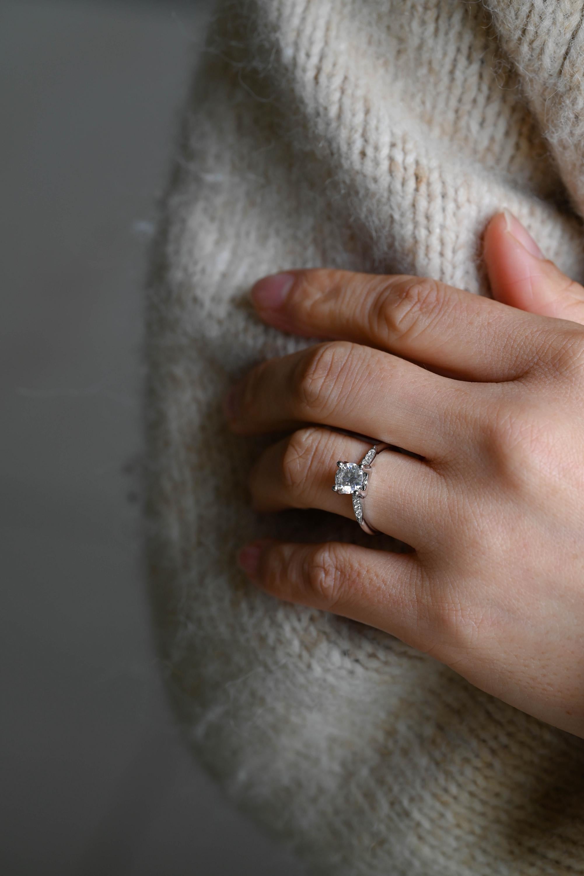 Solid Gold Round Cut Moissanite Engagement Ring, Anniversary Gift Birthday Gift for Women Wife