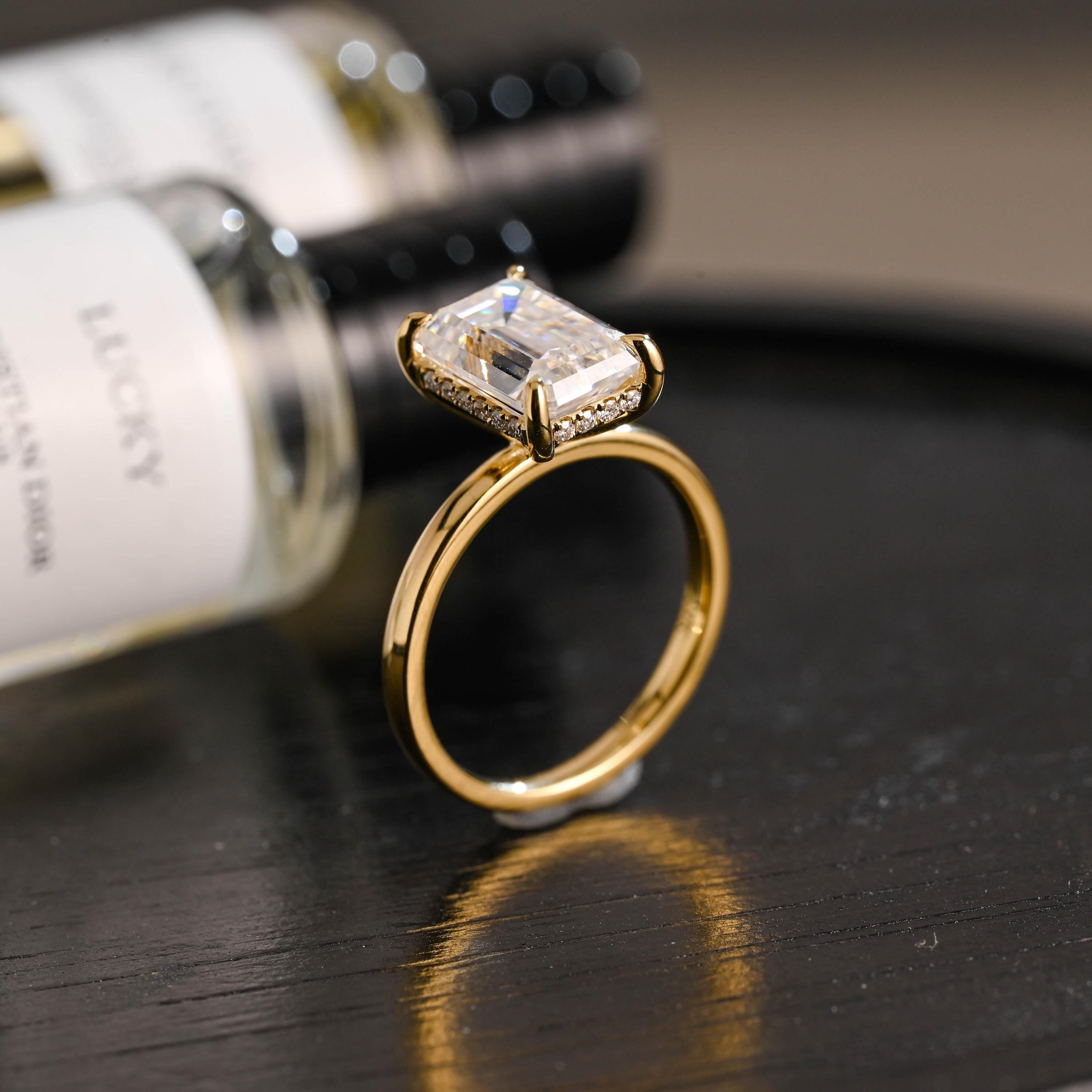 Solid Gold Hidden Halo Emerald Cut Moissanite Engagement Ring, Proposal Ring, Promise Ring, Wedding Ring, Anniversary Gift for Women Wife