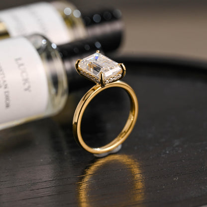 Solid Gold Hidden Halo Emerald Cut Moissanite Engagement Ring, Proposal Ring, Promise Ring, Wedding Ring, Anniversary Gift for Women Wife