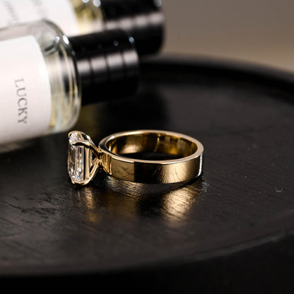 Solid Gold Emerald Cut Moissanite Engagement Ring, 4mm Wide Band Solitaire Ring, Gift for Her