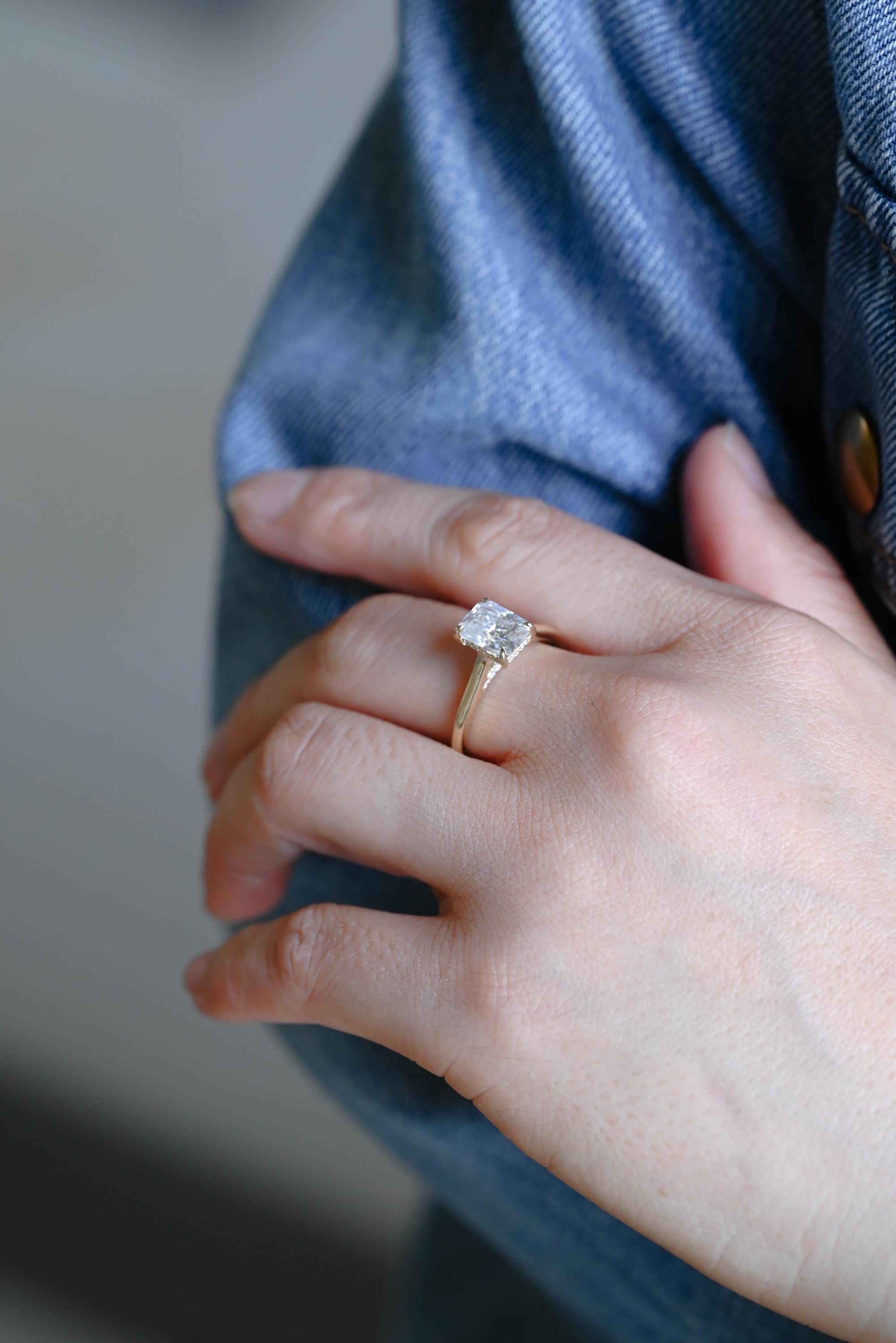 Solid Gold Hidden Halo Radiant Moissanite Engagement Ring, Cathedral Proposal Ring