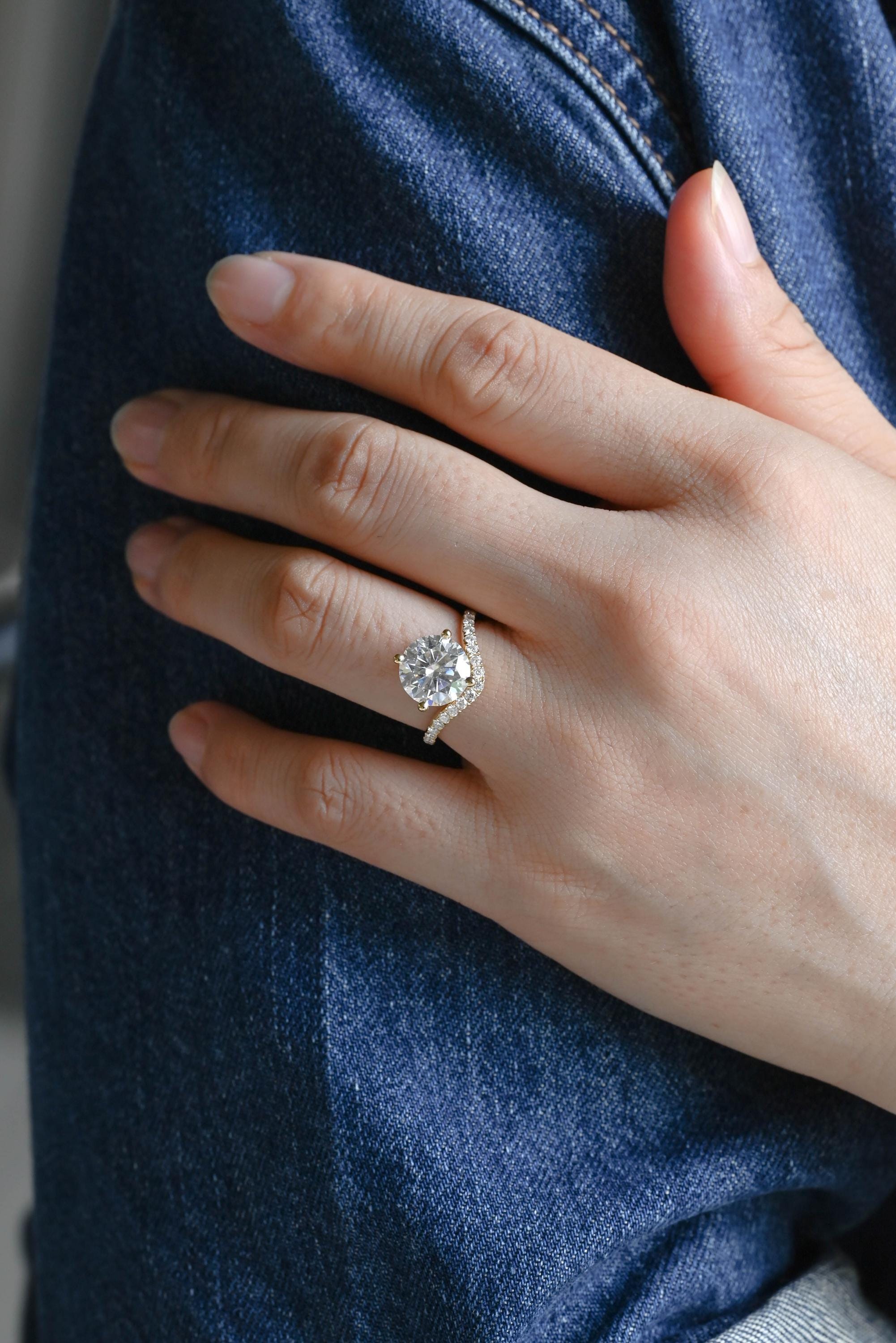Solid Gold Round Cut Moissanite Sandwich Setting Engagement Ring, Wedding Ring