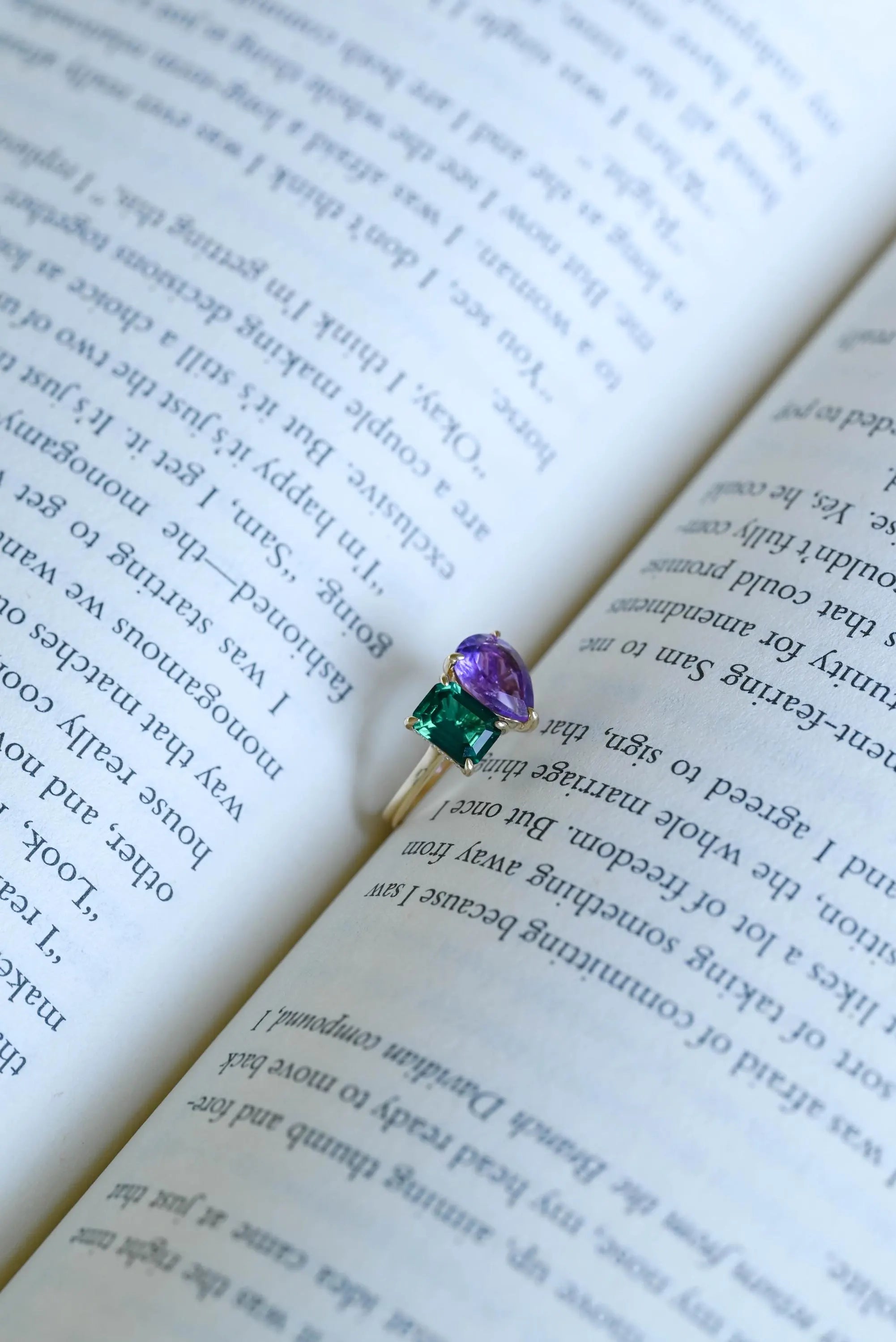 Solid Gold Toi et Moi Pear Amethyst & Lab Grown Emerald Engagement Ring