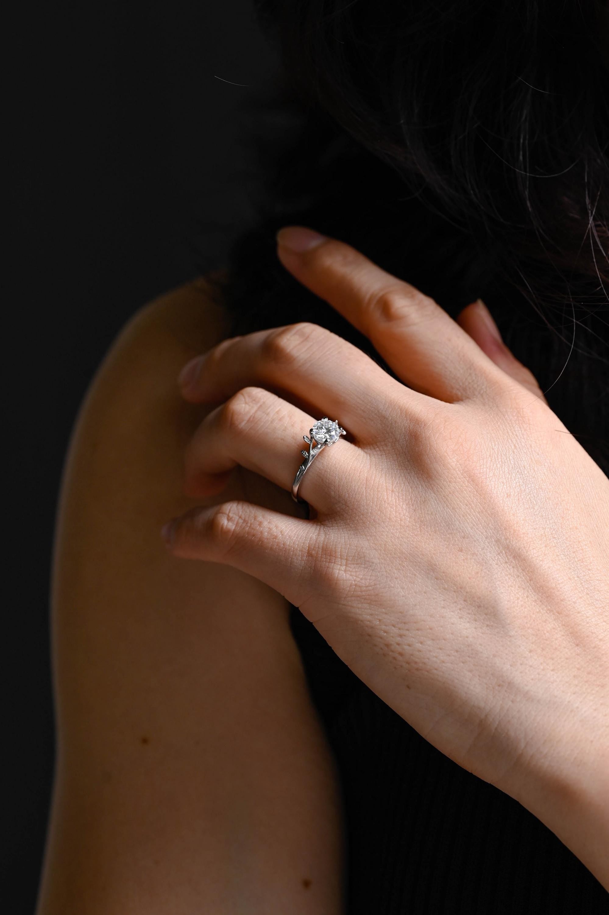 Branch Design Solid Gold Round Cut Moissanite Engagement Ring, Promise Ring, Wedding Ring