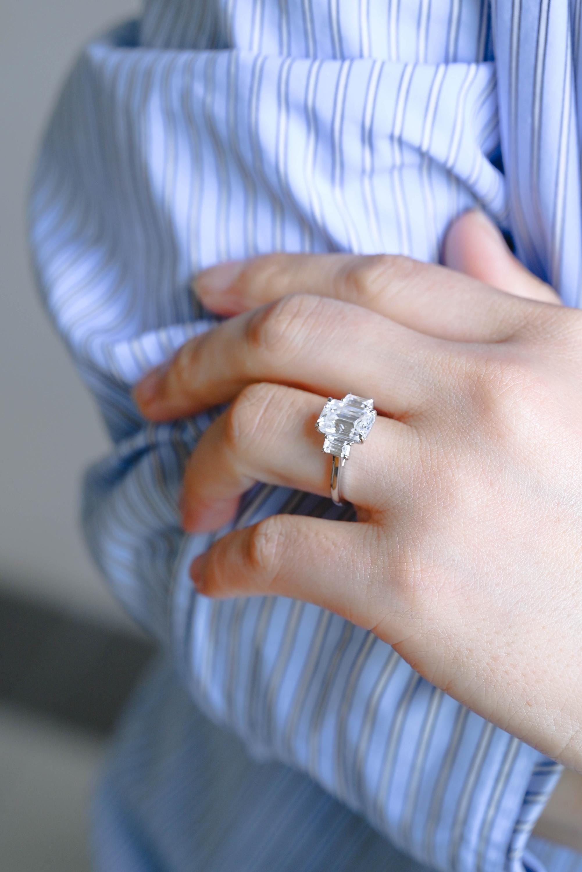 Three Stone Emerald Cut Moissanite Engagement Ring, Solid Gold Promise Ring, Gold Proposal Ring, Anniversary Gift Birthday Gift for Women
