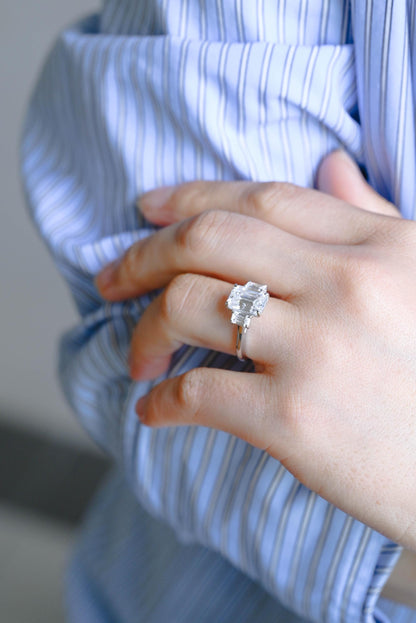 Three Stone Emerald Cut Moissanite Engagement Ring, Solid Gold Promise Ring, Gold Proposal Ring, Anniversary Gift Birthday Gift for Women