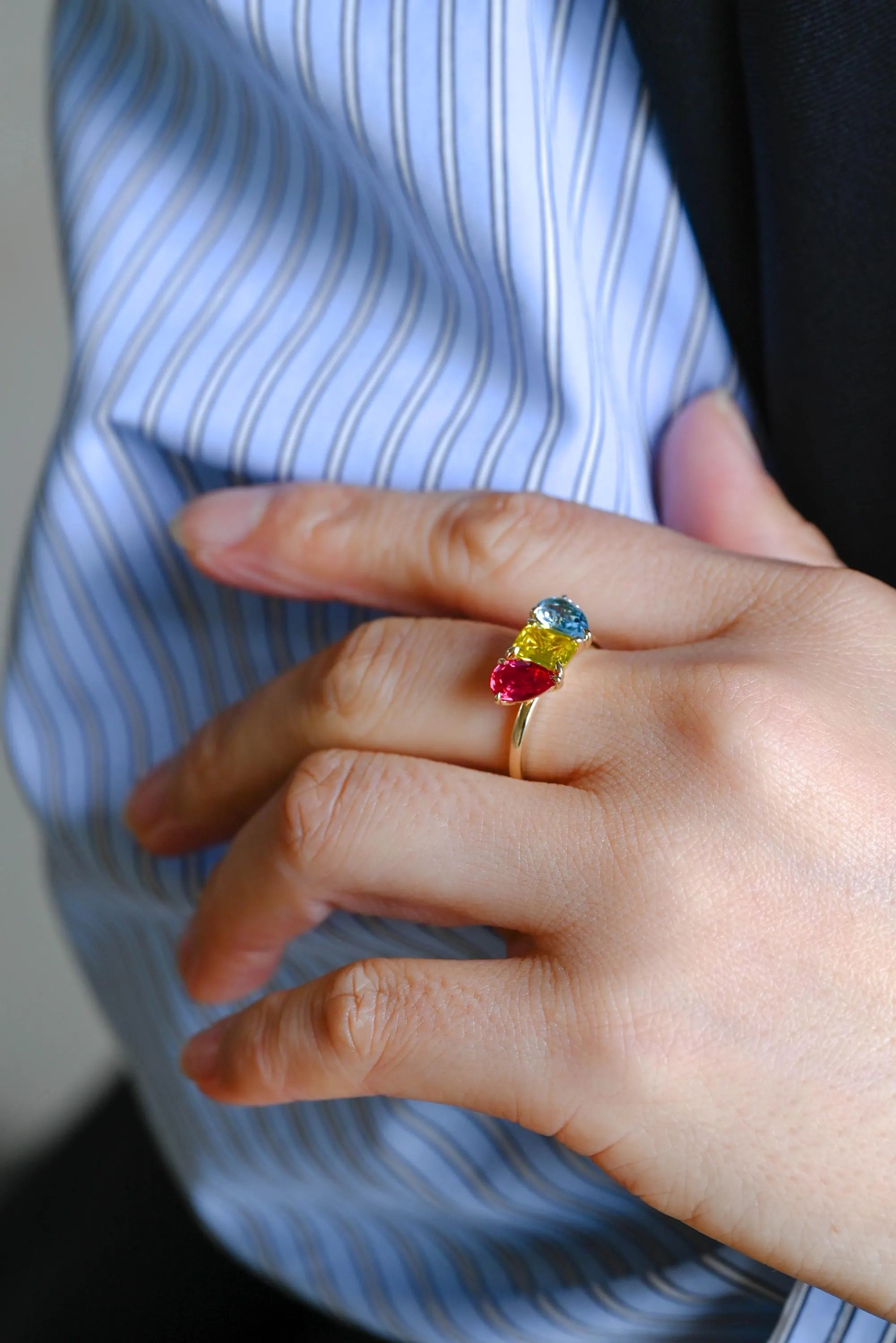 Solid Gold Pear Ruby & Emerald Cut Yellow Lab Grown Sapphire and Pear Blue Topaz Engagement Ring