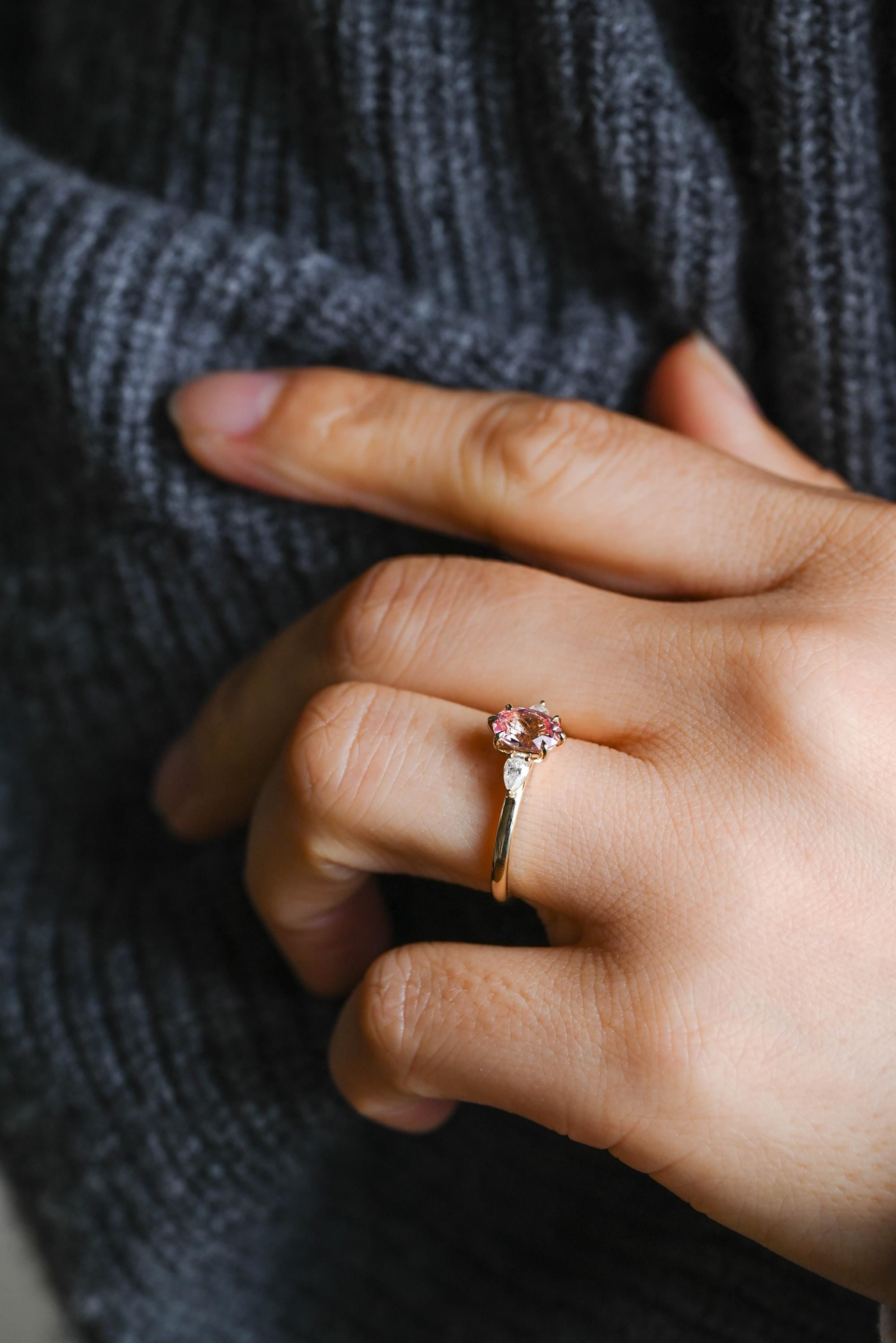 Solid Gold Oval Lab Grown Pink Sapphire Engagement Ring, Three Stone Proposal Ring