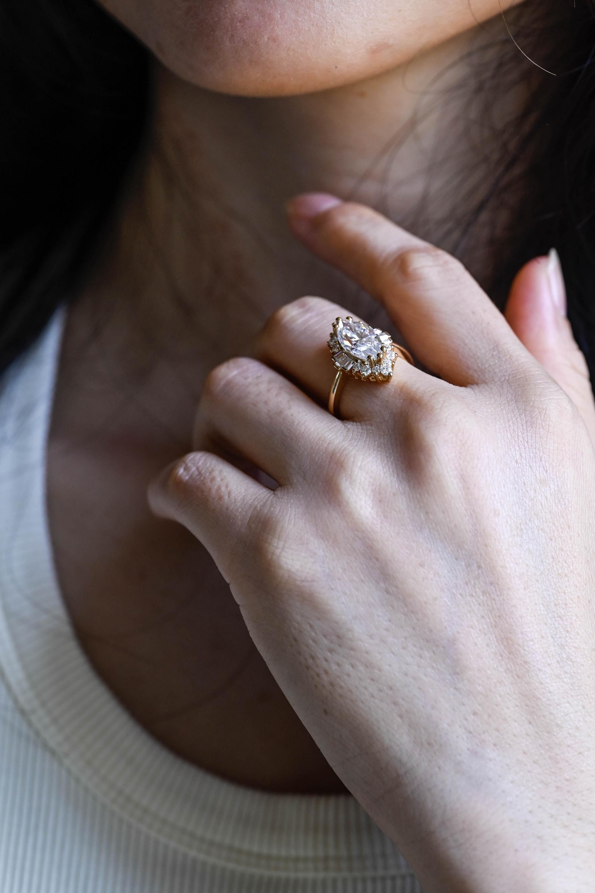Starburst Marquise Moissanite Engagement Ring, Solid Gold Promise Ring