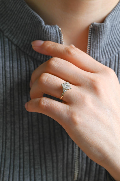 Solid Gold Marquise Moissanite Engagement Ring, Side Cluster Ring, Anniversary Gift