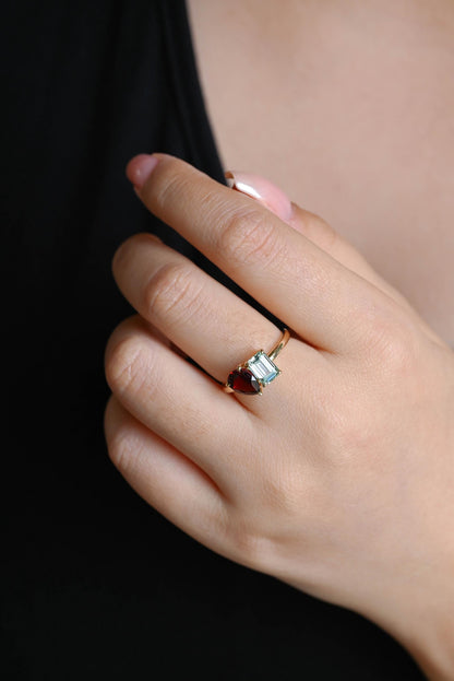 Toi et Moi Solid Gold Pear Garnet & Emerald Cut Aquamarine-Sapphire Engagement Ring