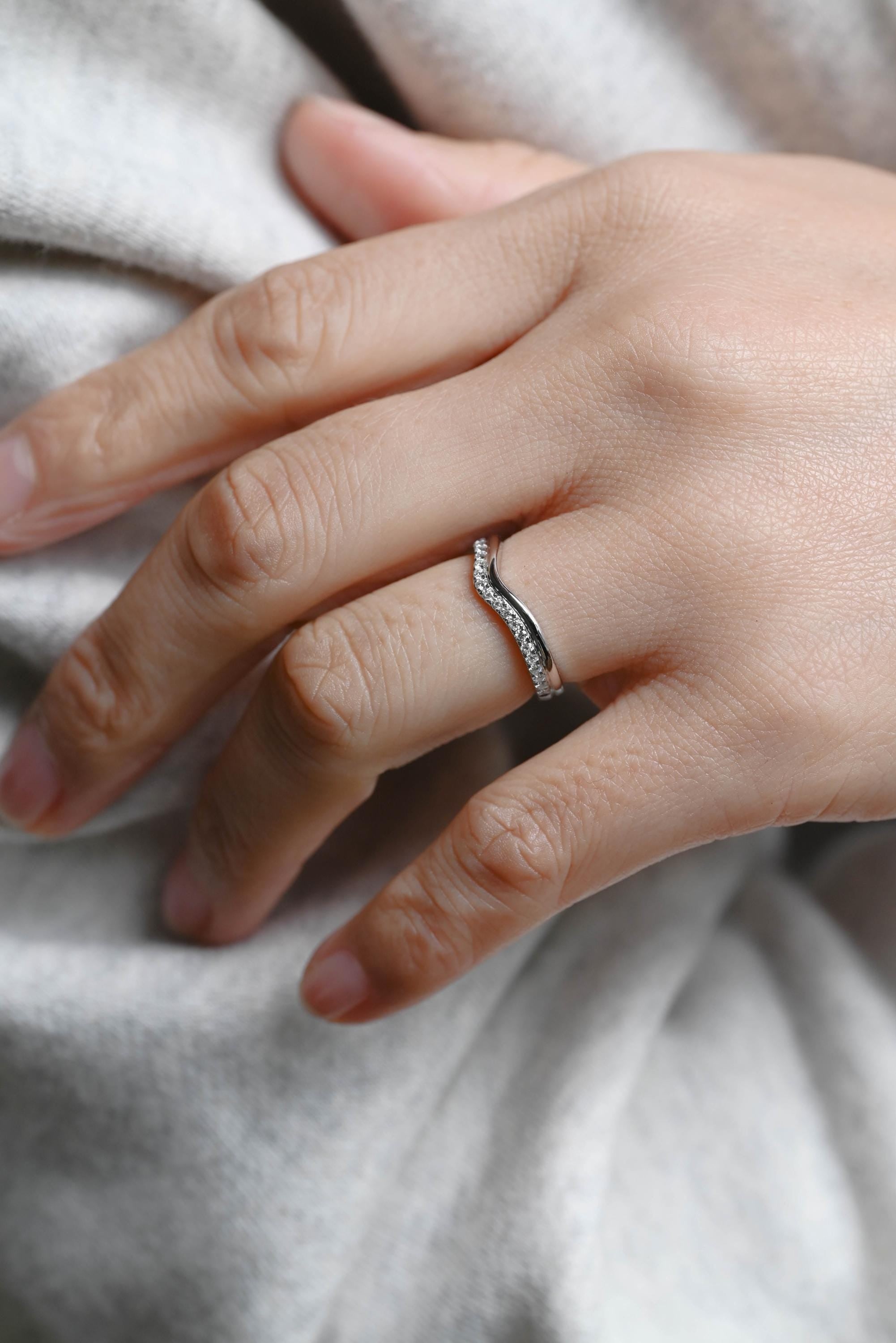 Solid Gold Curved Moissanite Wedding Band, Matching Ring