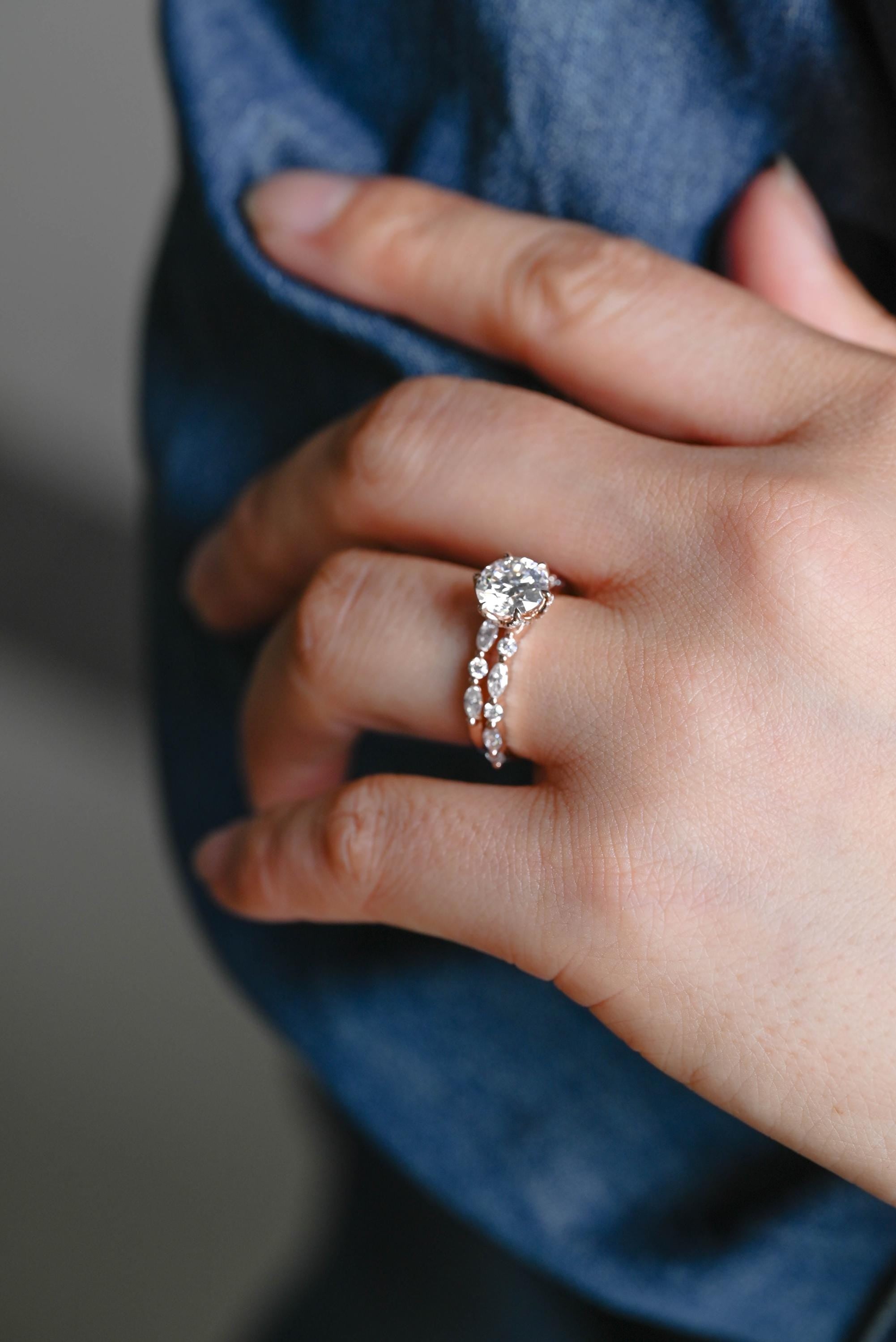 Solid Gold Round Cut Moissanite Engagement Ring Set, Marquise Bridal Round Wedding Ring Set