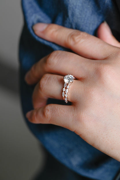 Solid Gold Round Cut Moissanite Engagement Ring Set, Marquise Bridal Round Wedding Ring Set