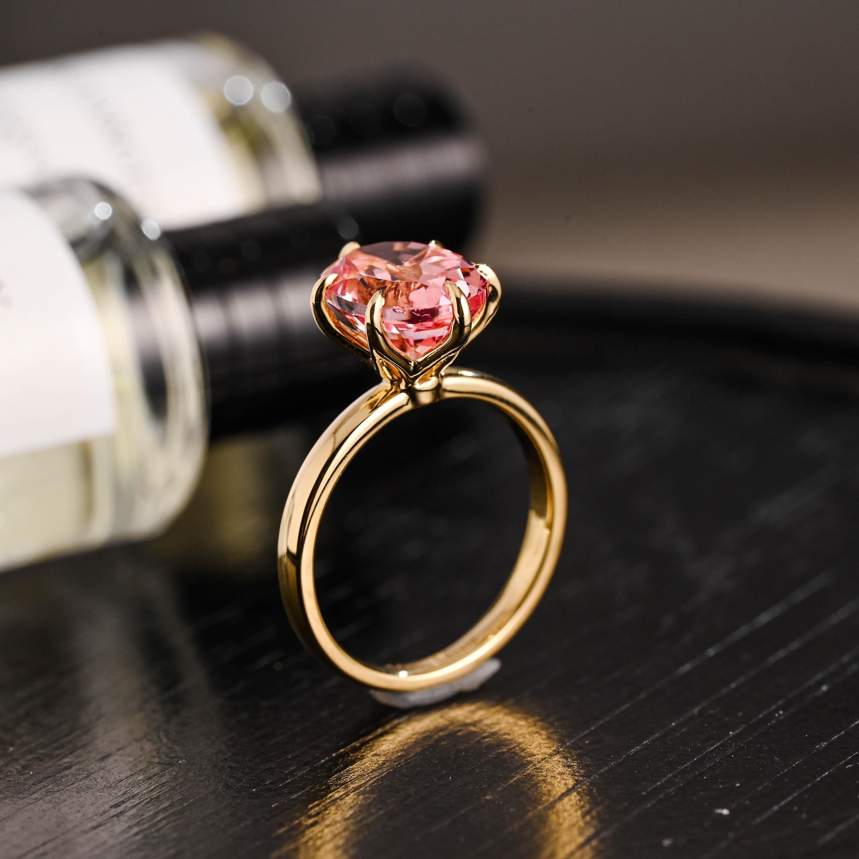 Solid Gold Oval Cut Lab Grown Pink Sapphire Engagement Ring, Nature Inspired Ring