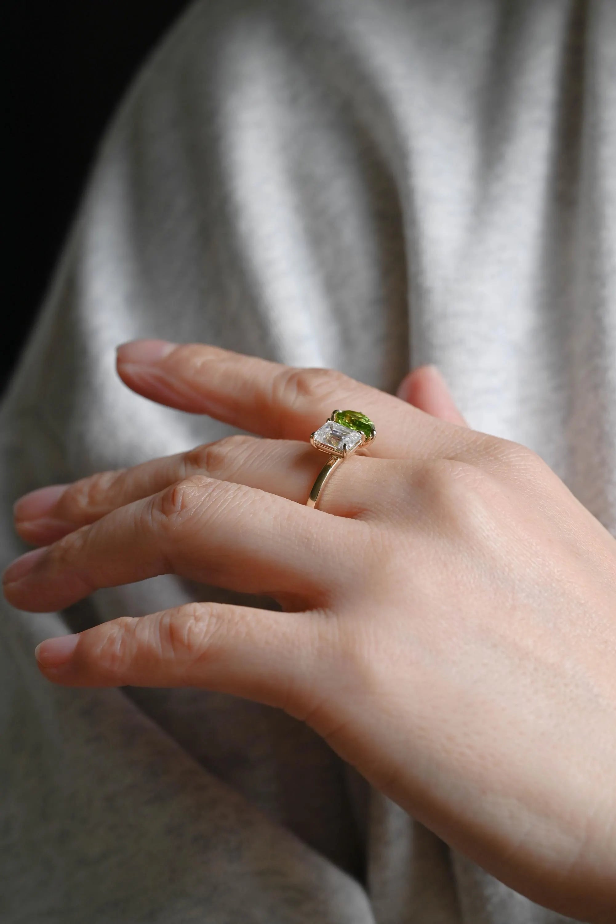 Solid Gold Toi et Moi Emerald Cut Moissanite & Pear Lab Grown Peridot Engagement Ring