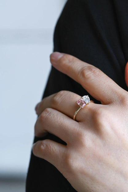Solid Gold Toi et Moi Emerald Cut Pink Sapphire & Pear Cut Moissanite Engagement Ring