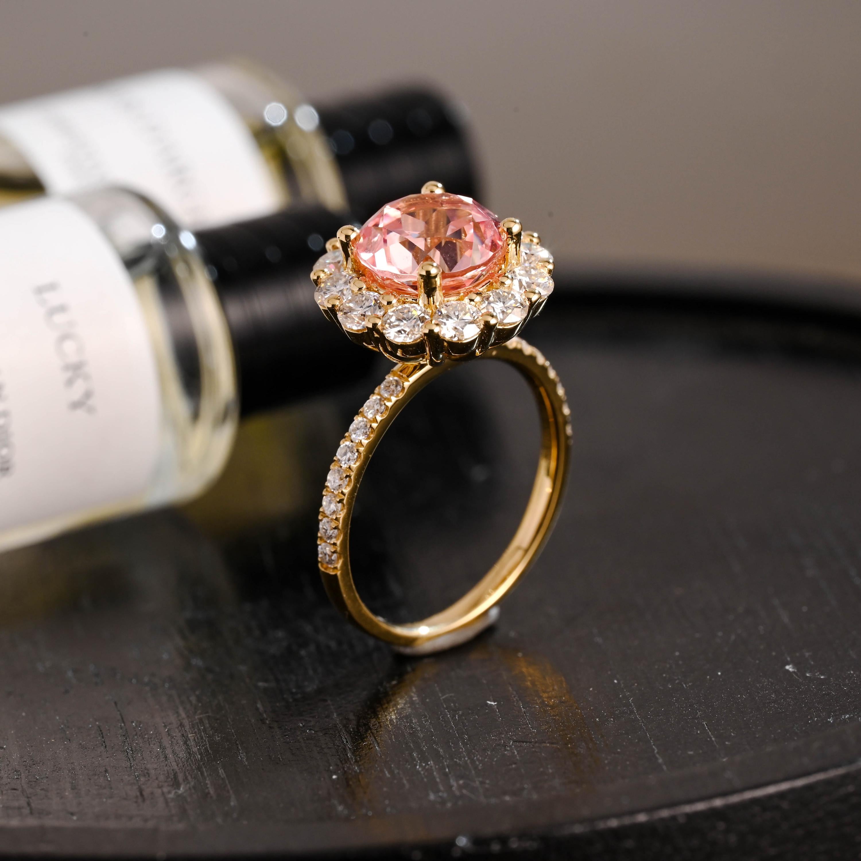 Solid Gold Round Cut Pink Sapphire Engagement Ring, Anniversary Gift Birthday Gift for Women Wife