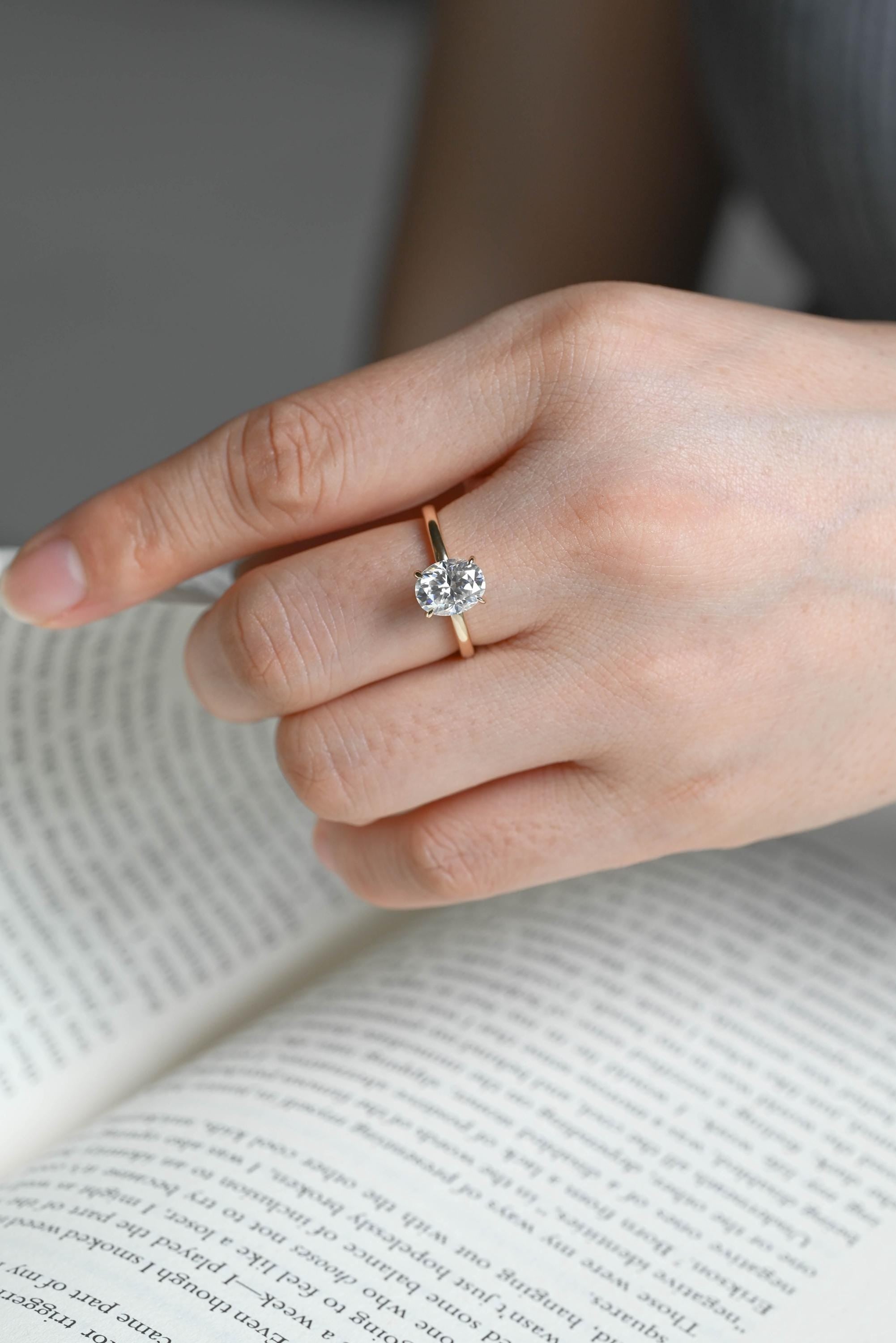 Solid Gold Oval Moissanite Engagement Ring, Hidden Halo Promise Ring