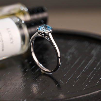 Solid Gold Cushion Cut Aquamarine Engagement Ring, Proposal Ring, Promise Ring, Wedding Ring, Anniversary Gift Birthday Gift for Women Wife