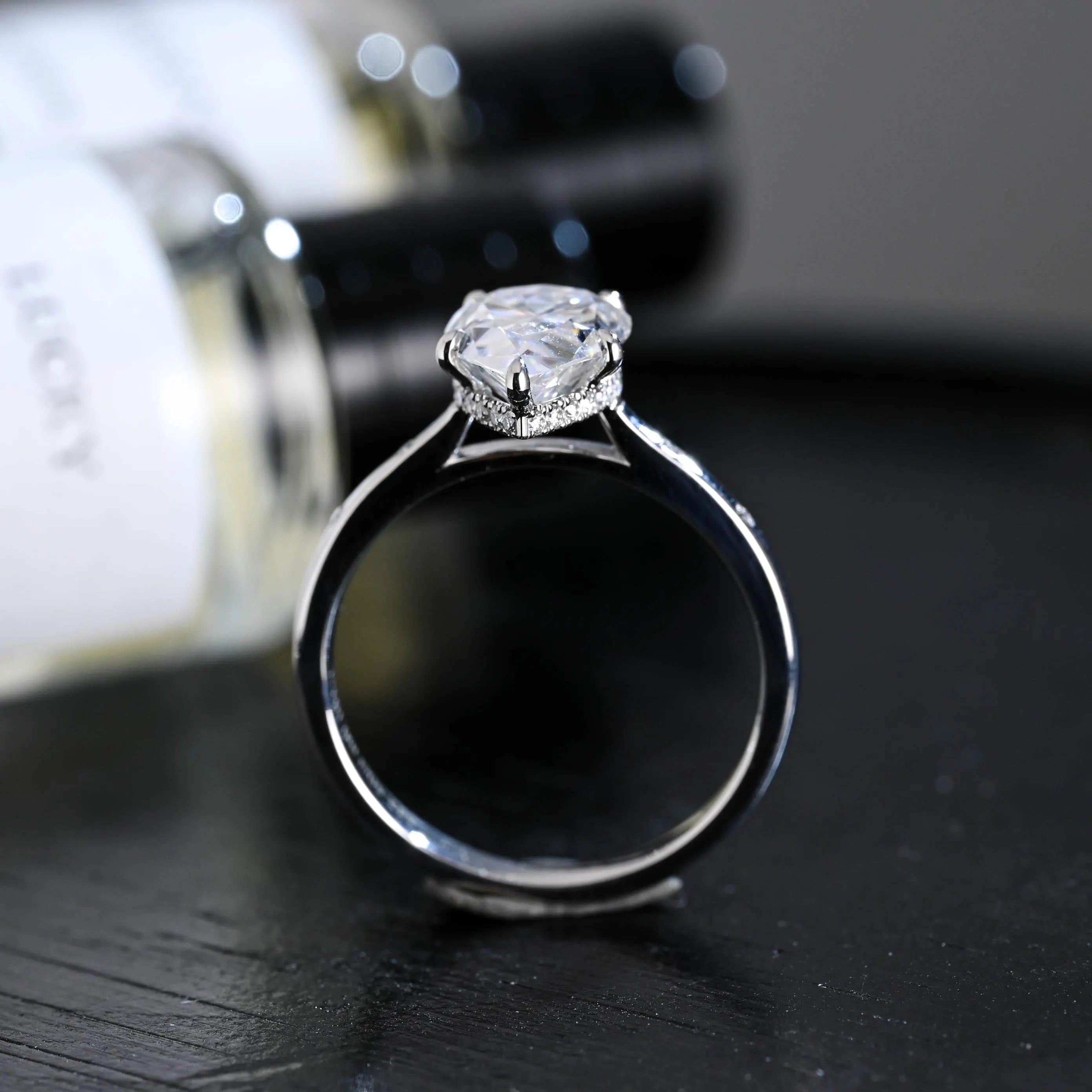 Solid Gold Hidden Halo Pear Moissanite Engagement Ring, Anniversary Gift Birthday Gift for Women