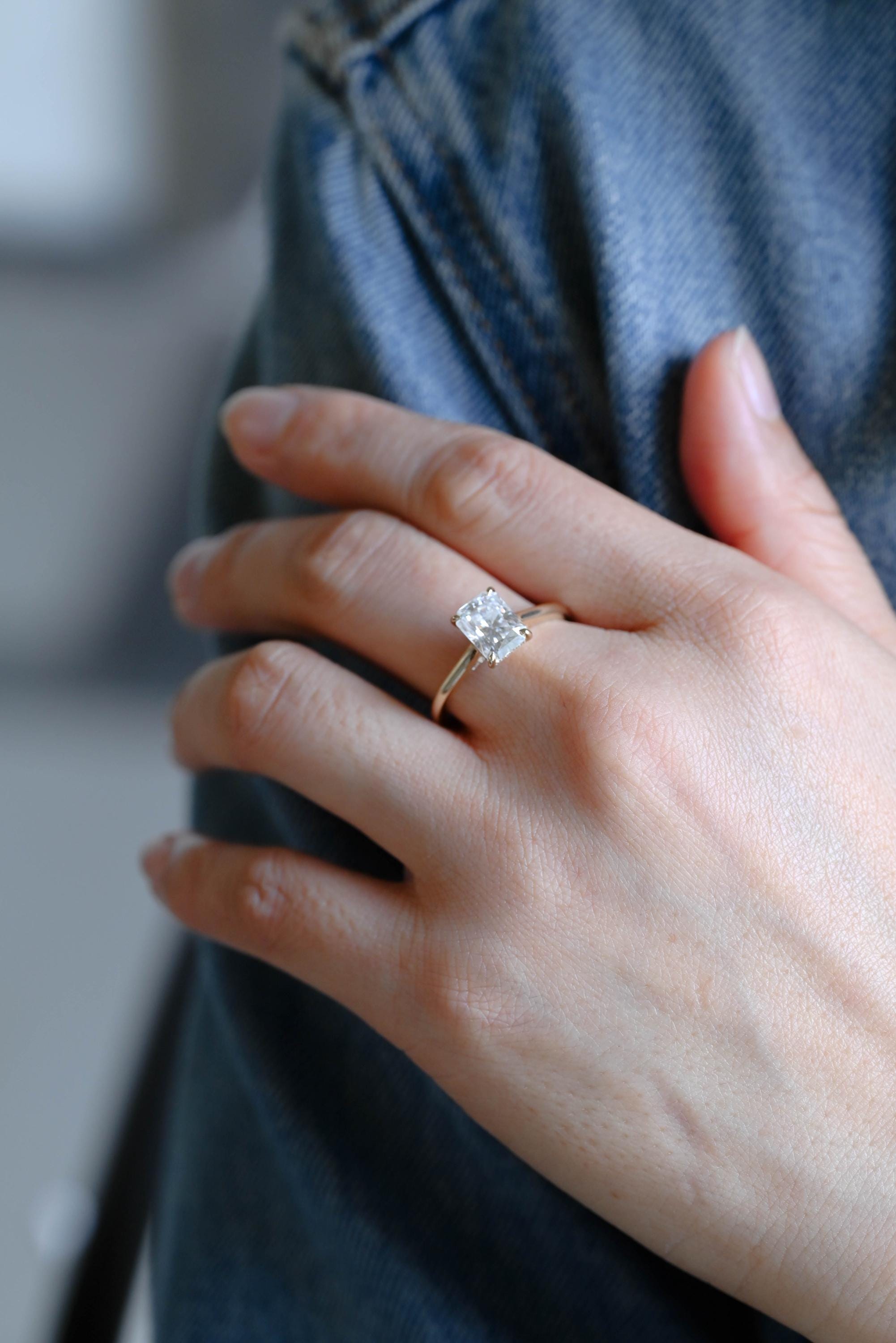 Solid Gold Hidden Halo Radiant Moissanite Engagement Ring, Cathedral Proposal Ring