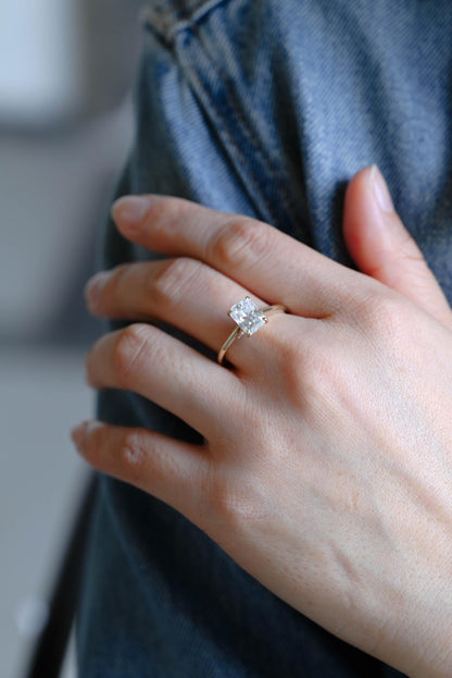 Solid Gold Hidden Halo Radiant Moissanite Engagement Ring, Cathedral Proposal Ring