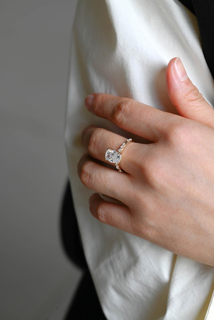 Solid Gold Elongated Cushion Cut Moissanite Engagement Ring, Proposal Ring, Round Cut Promise Ring, Anniversary Gift Birthday Gift for Women