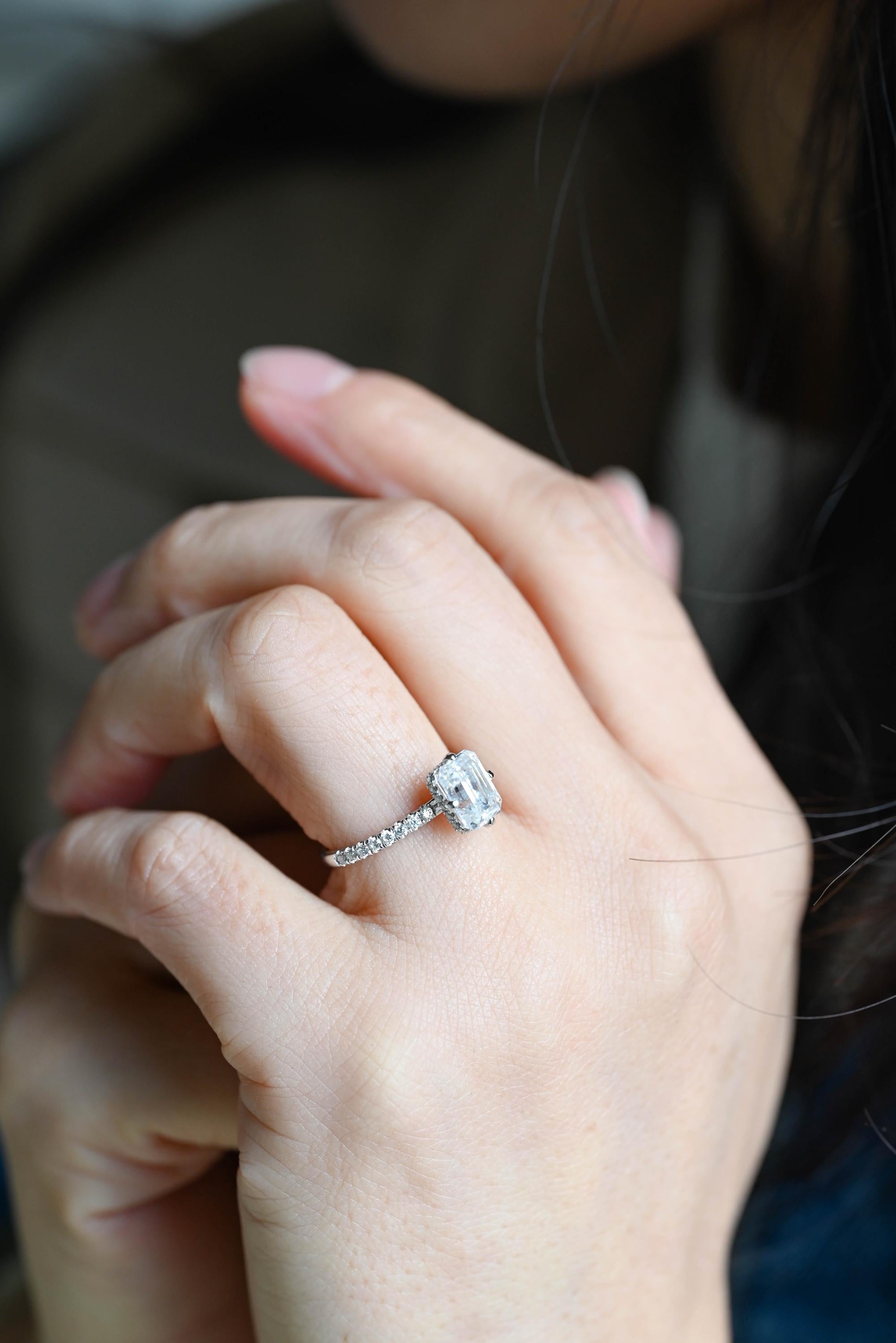 Solid Gold Hidden Halo Emerald Cut Moissanite Engagement Ring, Proposal Ring, Promise Ring, Wedding Ring, Anniversary Gift for Women Wife