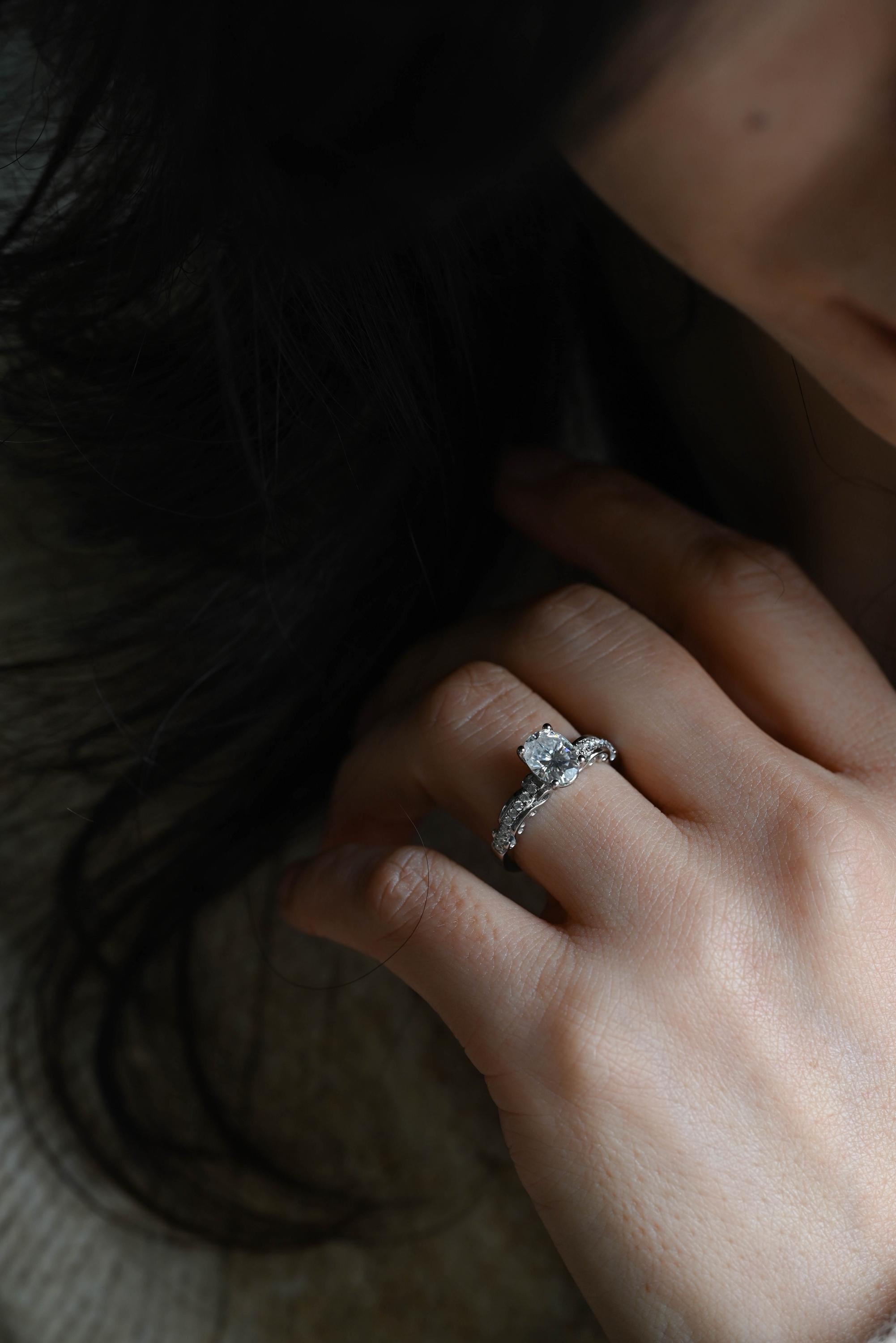 Solid Gold Oval Cut Moissanite Engagement Ring, Anniversary Gift Birthday Gift for Women Wife