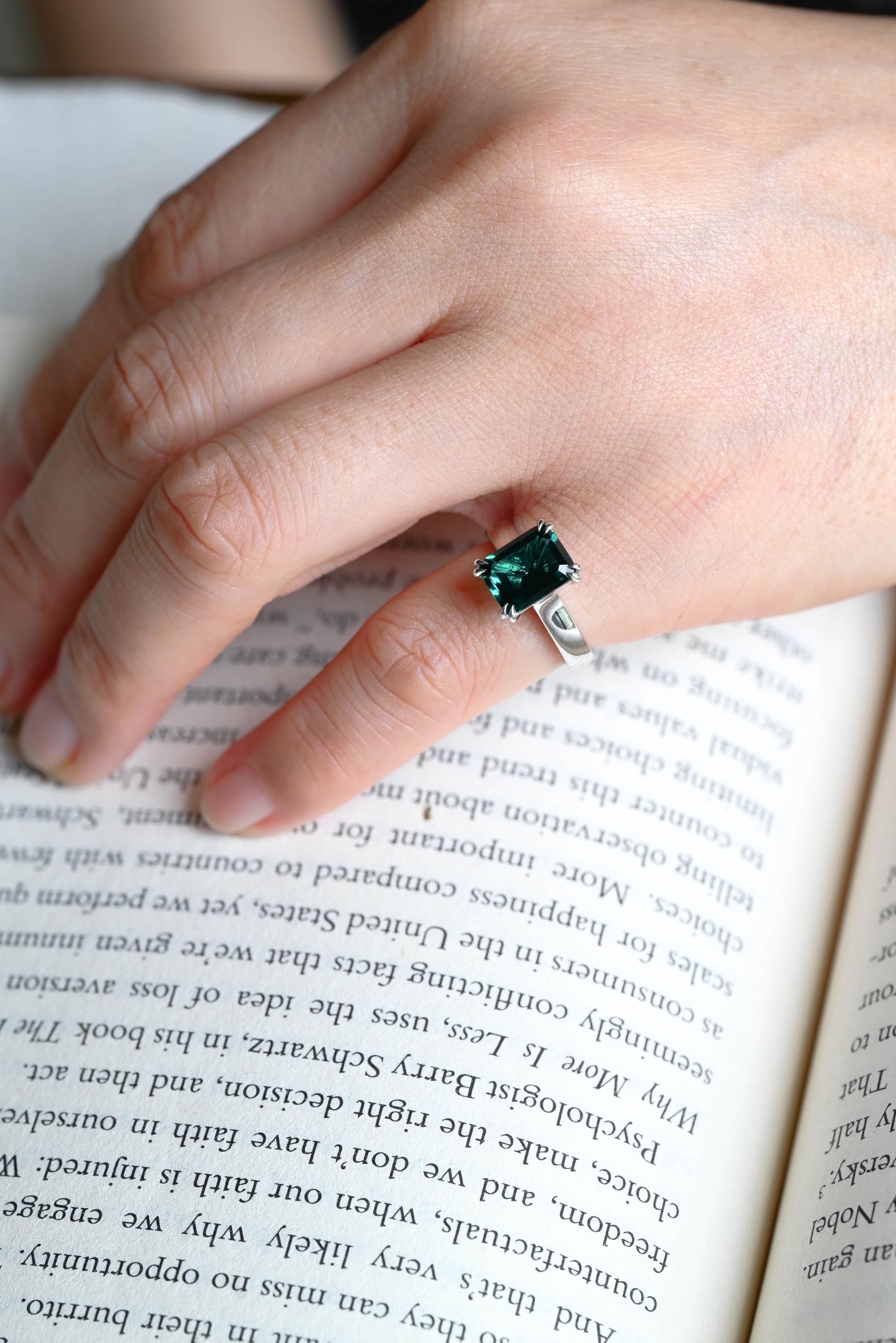 3mm Wide Solid Gold Lab Grown Emerald Engagement Ring, Proposal Ring, Promise Ring, Wedding Ring, Anniversary Gift Birthday Gift for Women