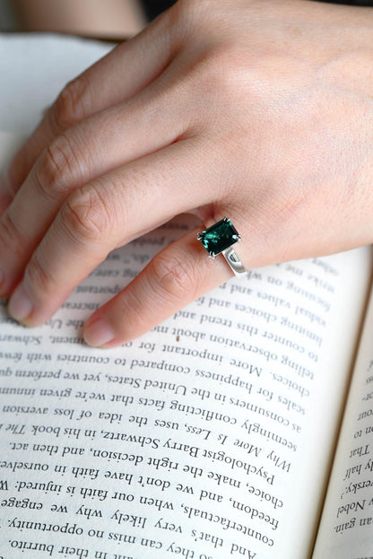 3mm Wide Solid Gold Lab Grown Emerald Engagement Ring, Proposal Ring, Promise Ring, Wedding Ring, Anniversary Gift Birthday Gift for Women