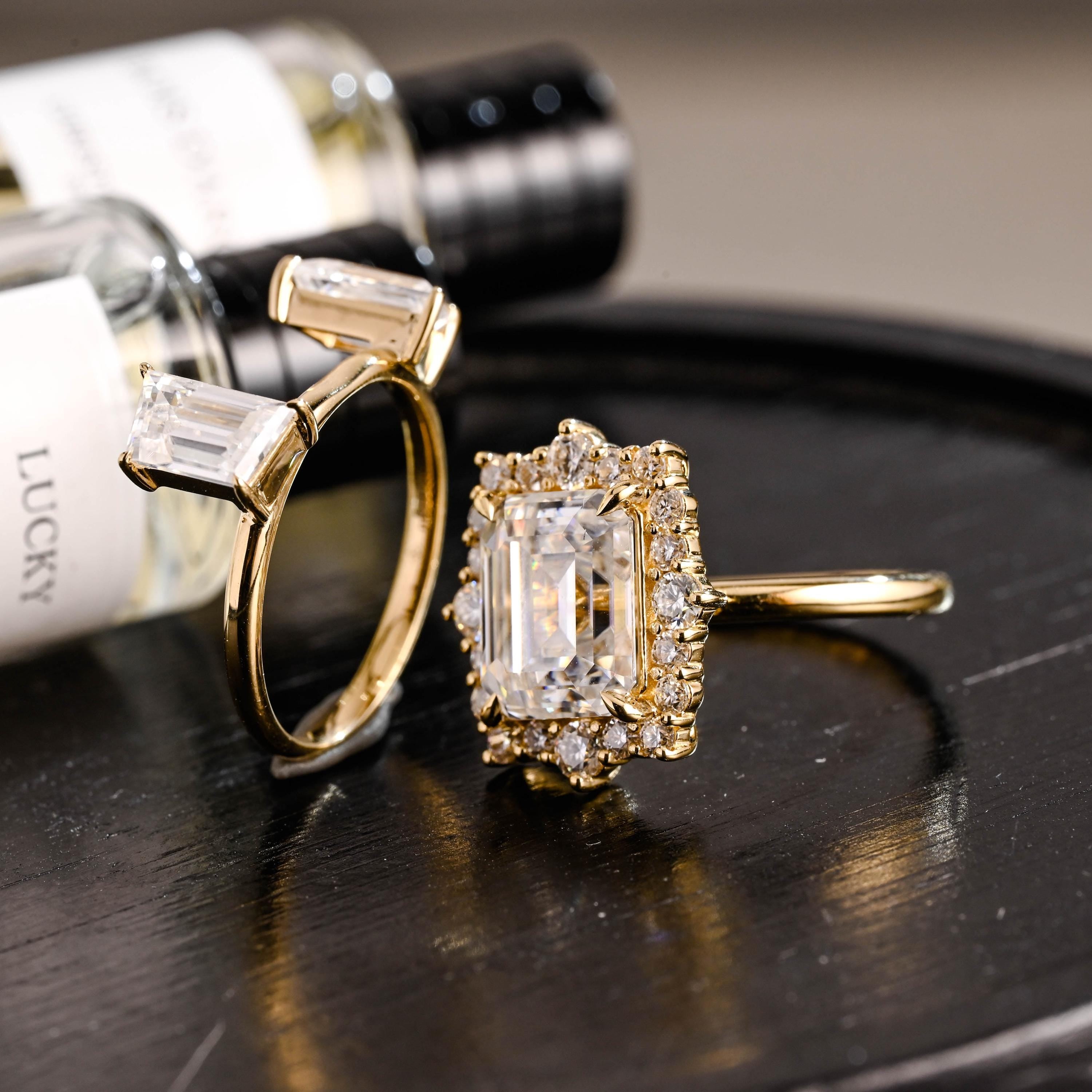 Solid Gold Emerald Cut Moissanite Engagement Ring Set, Bridal Set, Trapezoid Cut Wedding Band